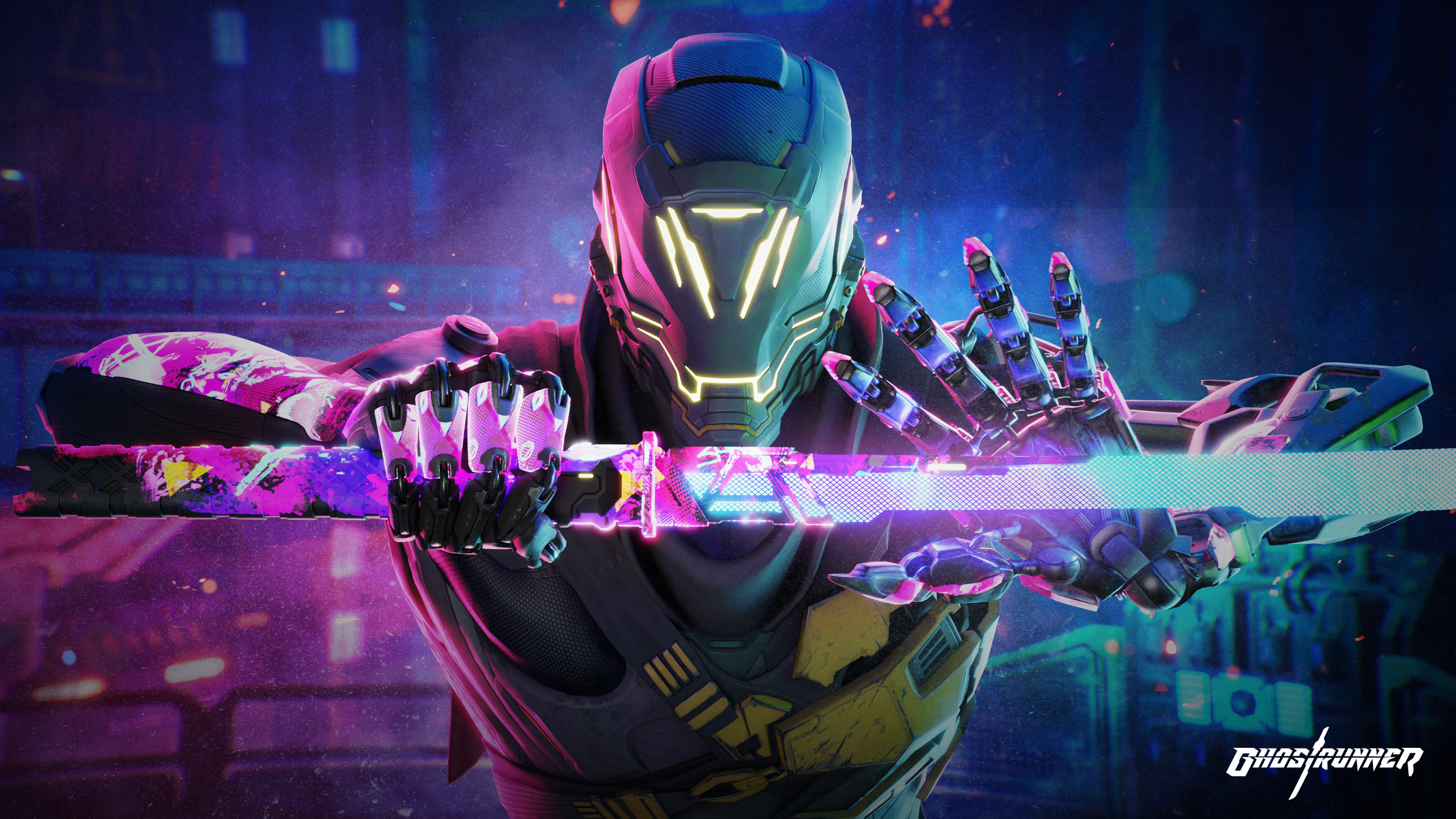 General 2560x1440 Ghostrunner cyberpunk digital art video games video game art katana frontal view weapon video game characters cyborg
