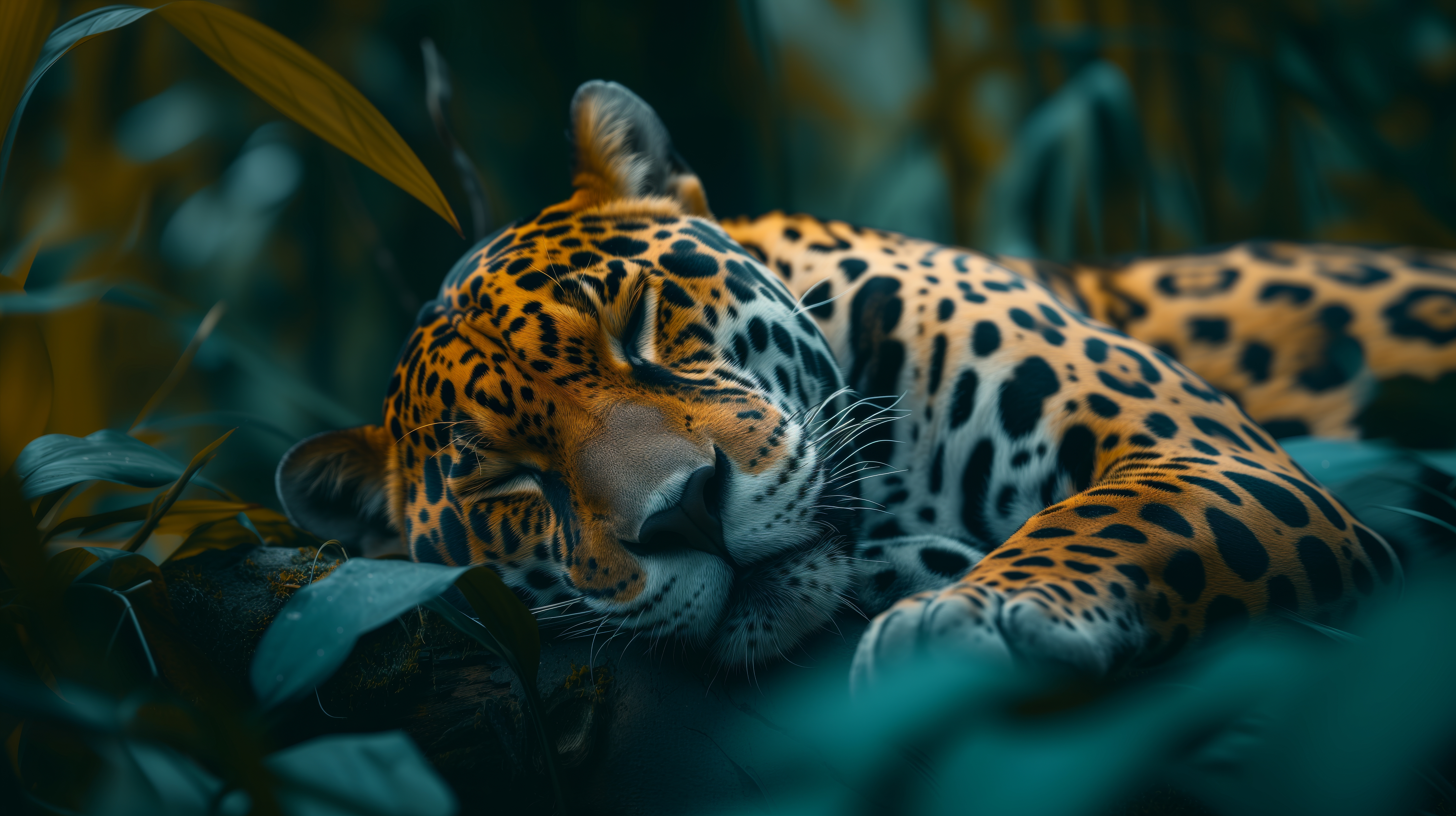General 5824x3264 AI art sleeping cinematic plants closed eyes grass nature jaguar (cat) whiskers depth of field leaves animals cats