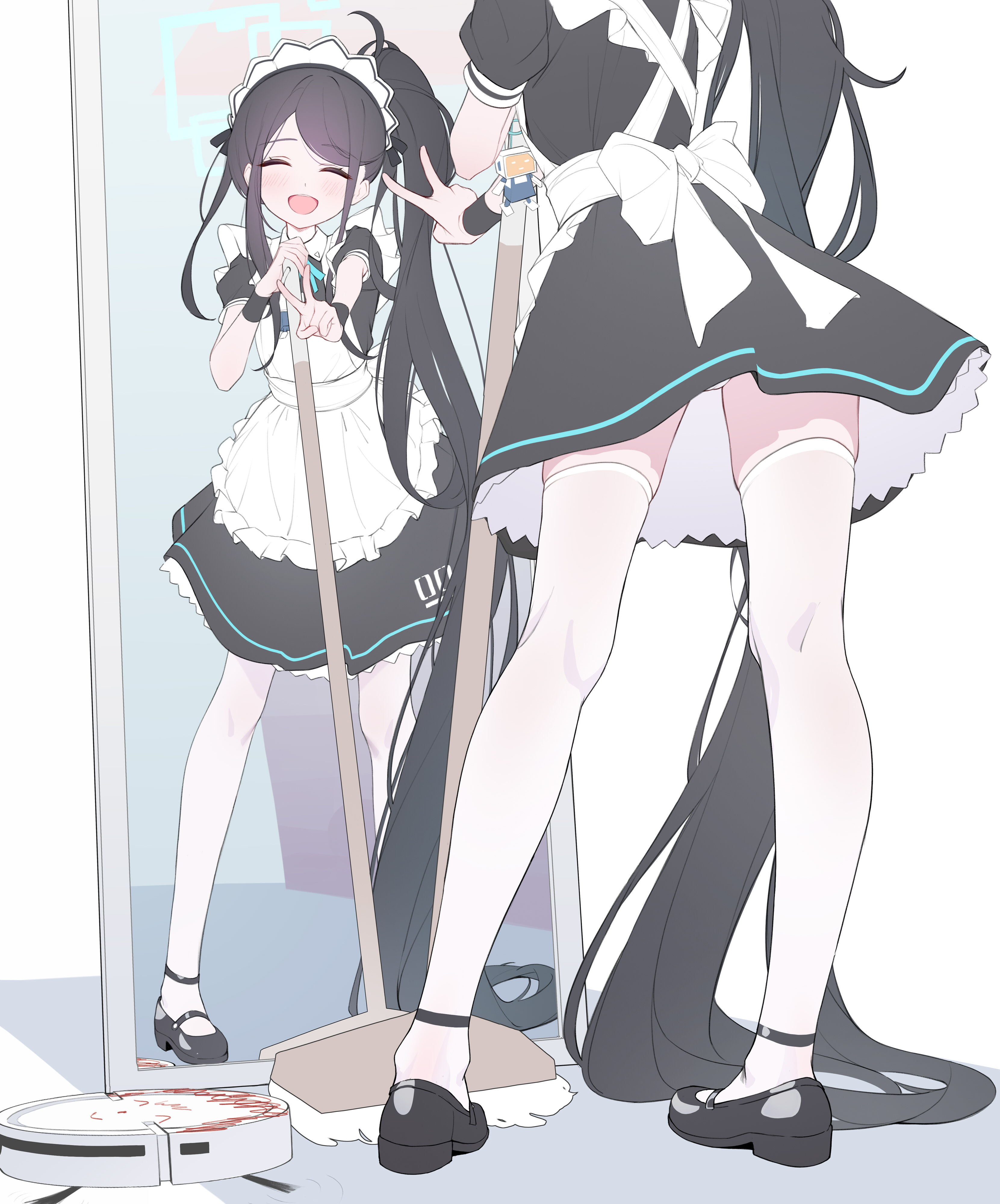 Anime 3322x4000 Blue Archive anime girls anime portrait display reflection mirror Sensei (Blue Archive) skirt Tendou Alice open mouth closed eyes long hair peace sign standing panties white thigh highs thigh-highs blushing ponytail short sleeves thighs maid mops maid outfit apron ahoge