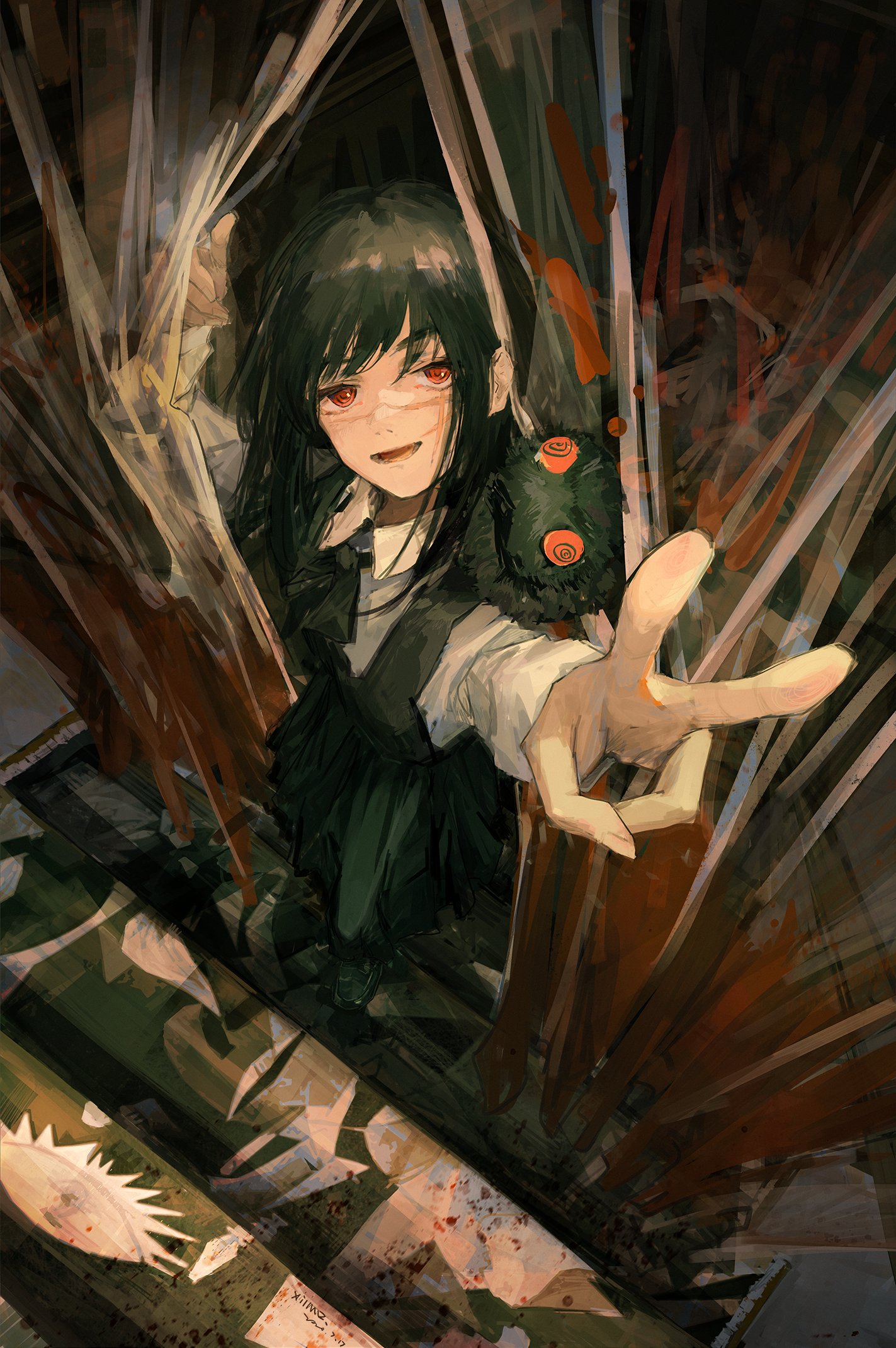 Anime 1423x2140 anime anime girls XilmO Chainsaw Man Mitaka Asa (Chainsaw Man) looking at viewer smiling peace sign dark hair red eyes portrait display signature scars open mouth fingers long hair