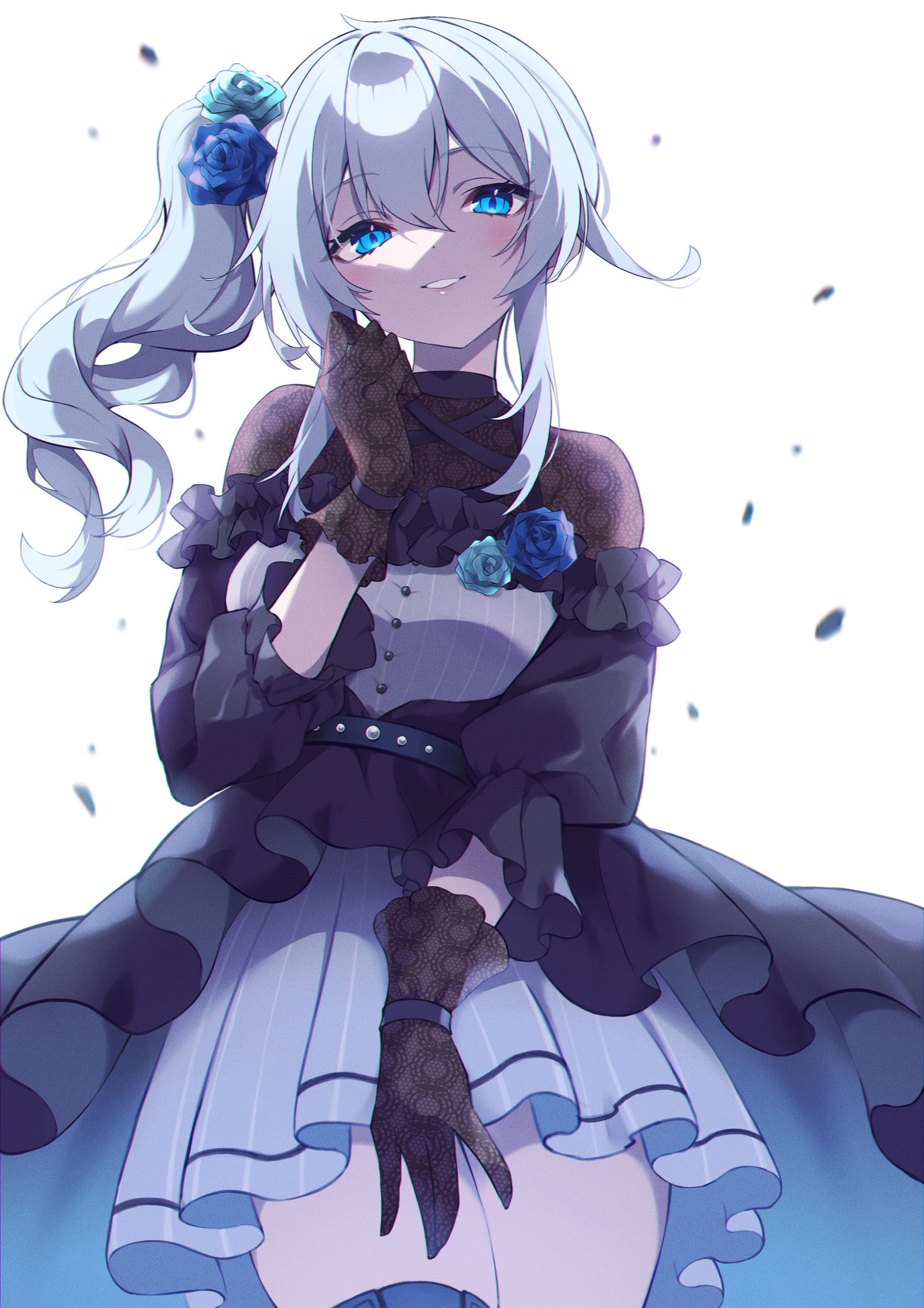 Anime 2480x3508 anime anime girls Nemori Petty Nijisanji Virtual Youtuber dress looking at viewer smiling hair between eyes gloves white background petals black gloves long sleeves low-angle parted lips rose thighs frills simple background bright blue rose side ponytail blue eyes blue hair portrait display standing flower in hair sidelocks gothic blushing