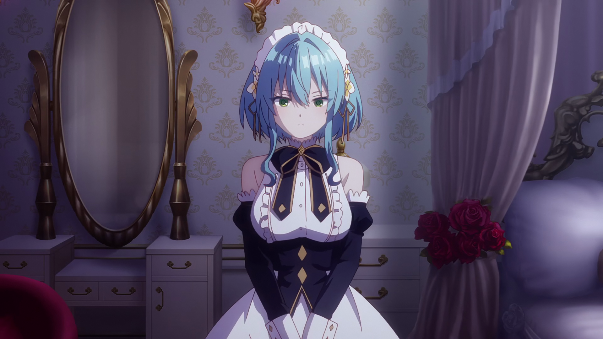 Anime 1920x1080 Villhaze (Hikikomari Kyuuketsuki no Monmon) Hikikomari Kyuuketsuki no Monmon Anime screenshot maid green eyes blue hair hair between eyes face looking at viewer standing maid outfit long hair anime girls closed mouth expressionless headdress bare shoulders curtains bow tie women indoors