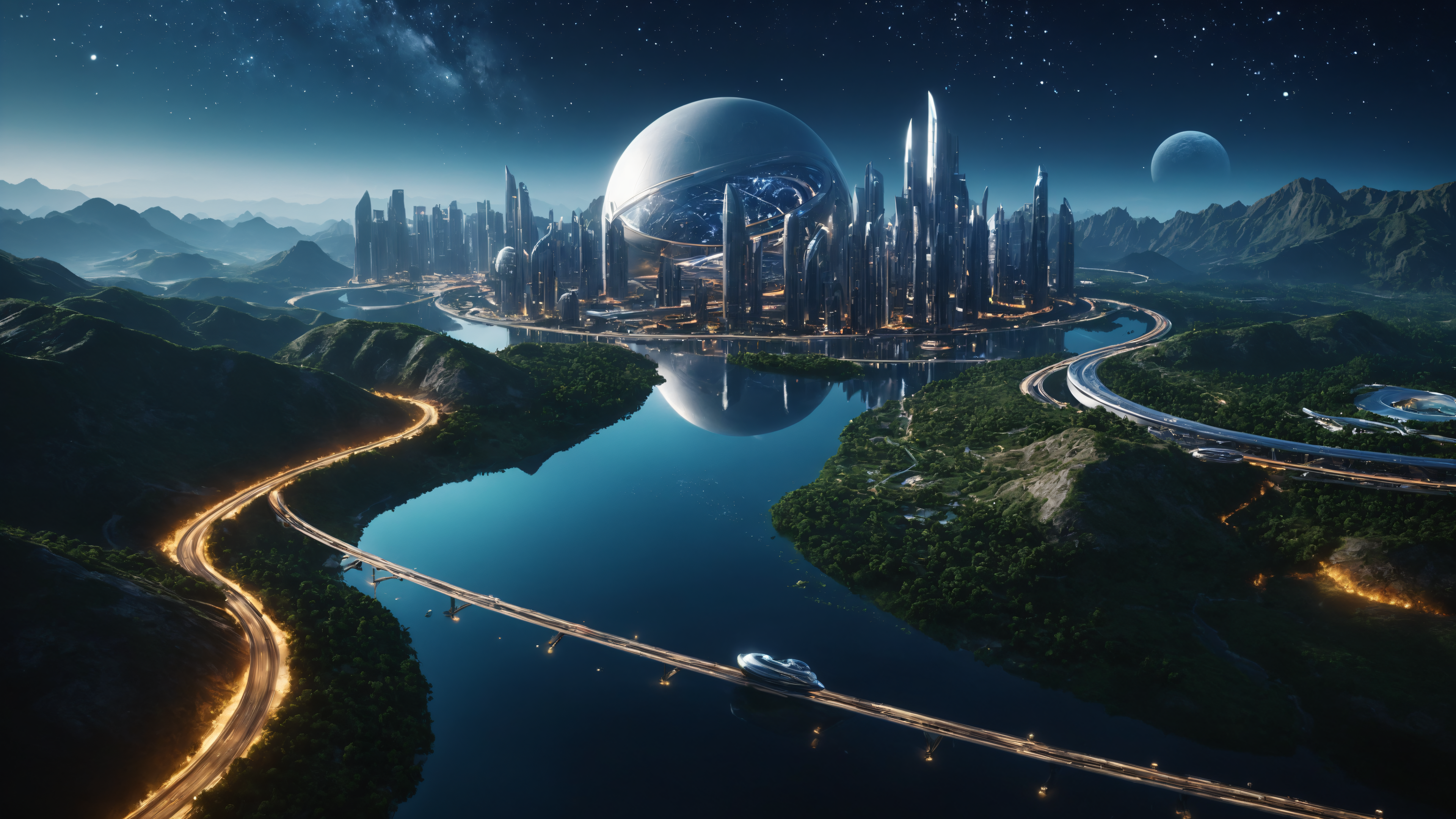 General 3840x2160 planet space city AI art water river lake reflection stars galaxy cityscape sky