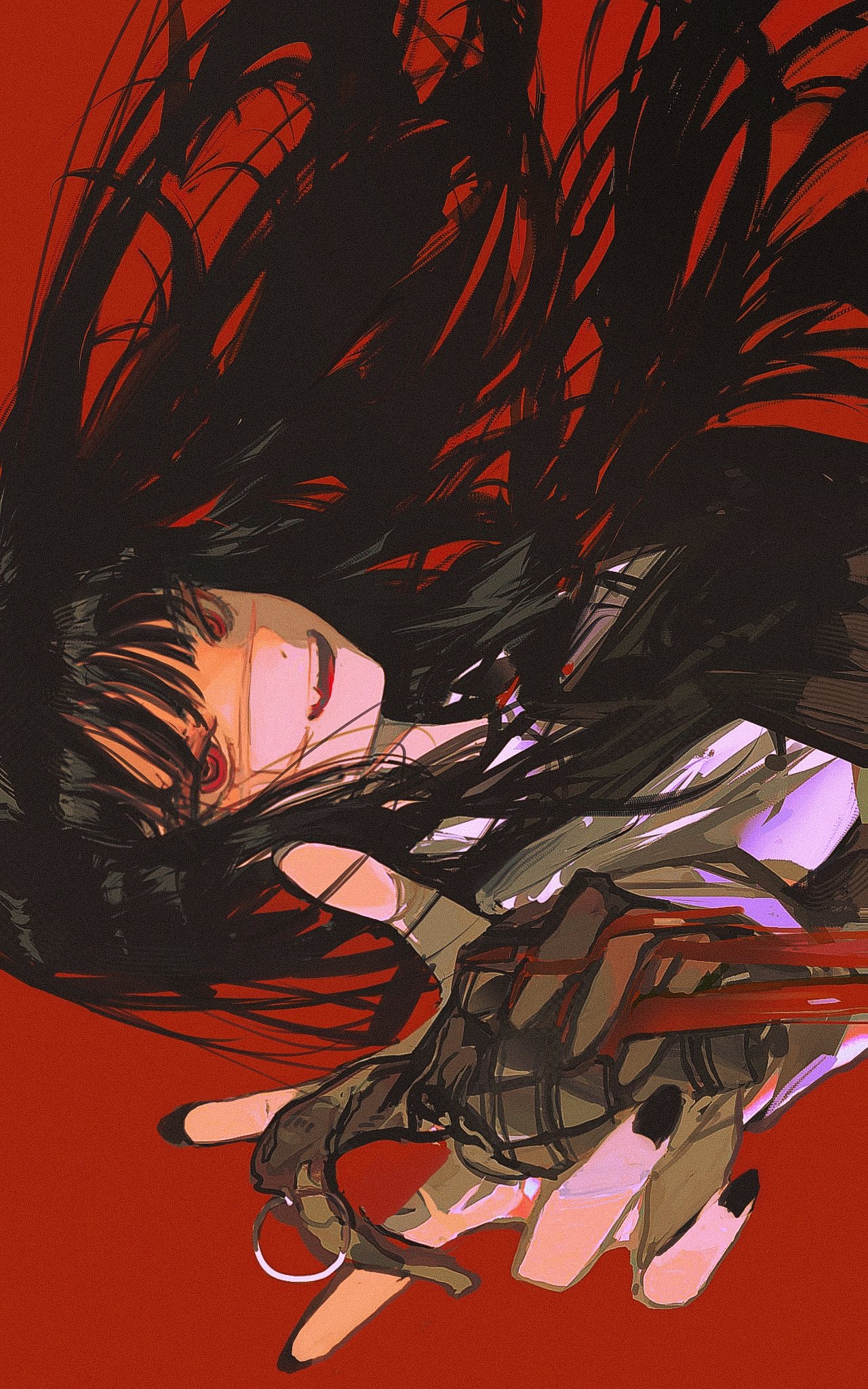 Anime 1280x2048 John Kafka anime anime girls Chainsaw Man Mitaka Asa (Chainsaw Man) long hair parted lips black hair red background grenades red eyes painted nails black nails blood long sleeves scars portrait display looking at viewer smiling
