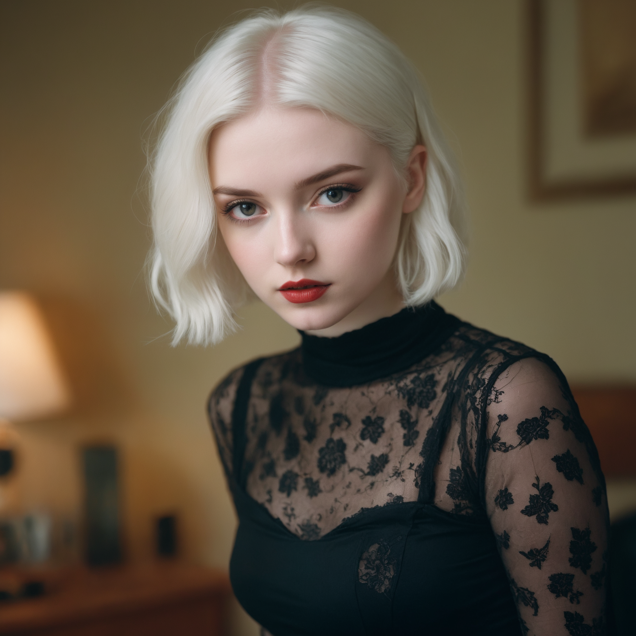 General 2048x2048 AI art Stable Diffusion women white hair lipstick looking at viewer digital art red lipstick closed mouth short hair women indoors lamp blurred blurry background blue eyes parted lips juicy lips black clothing