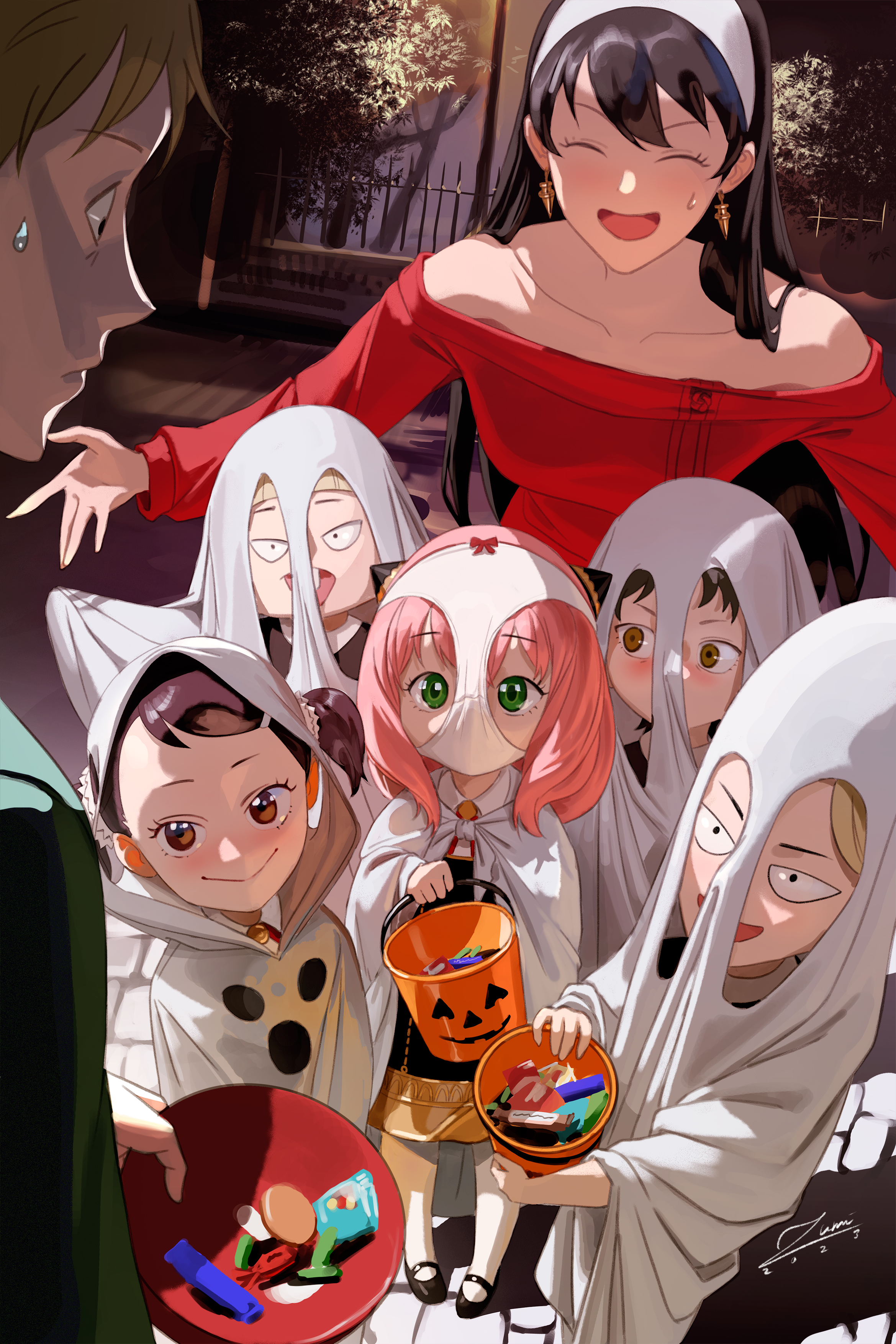 Anime 2339x3508 Spy x Family anime anime girls anime boys Halloween artwork drawing fan art Yor Forger Anya Forger Loid Forger Zumi signature 2023 (year) open mouth closed eyes portrait display standing bare shoulders sweatdrop halloween costume smiling panties candy bowls earring