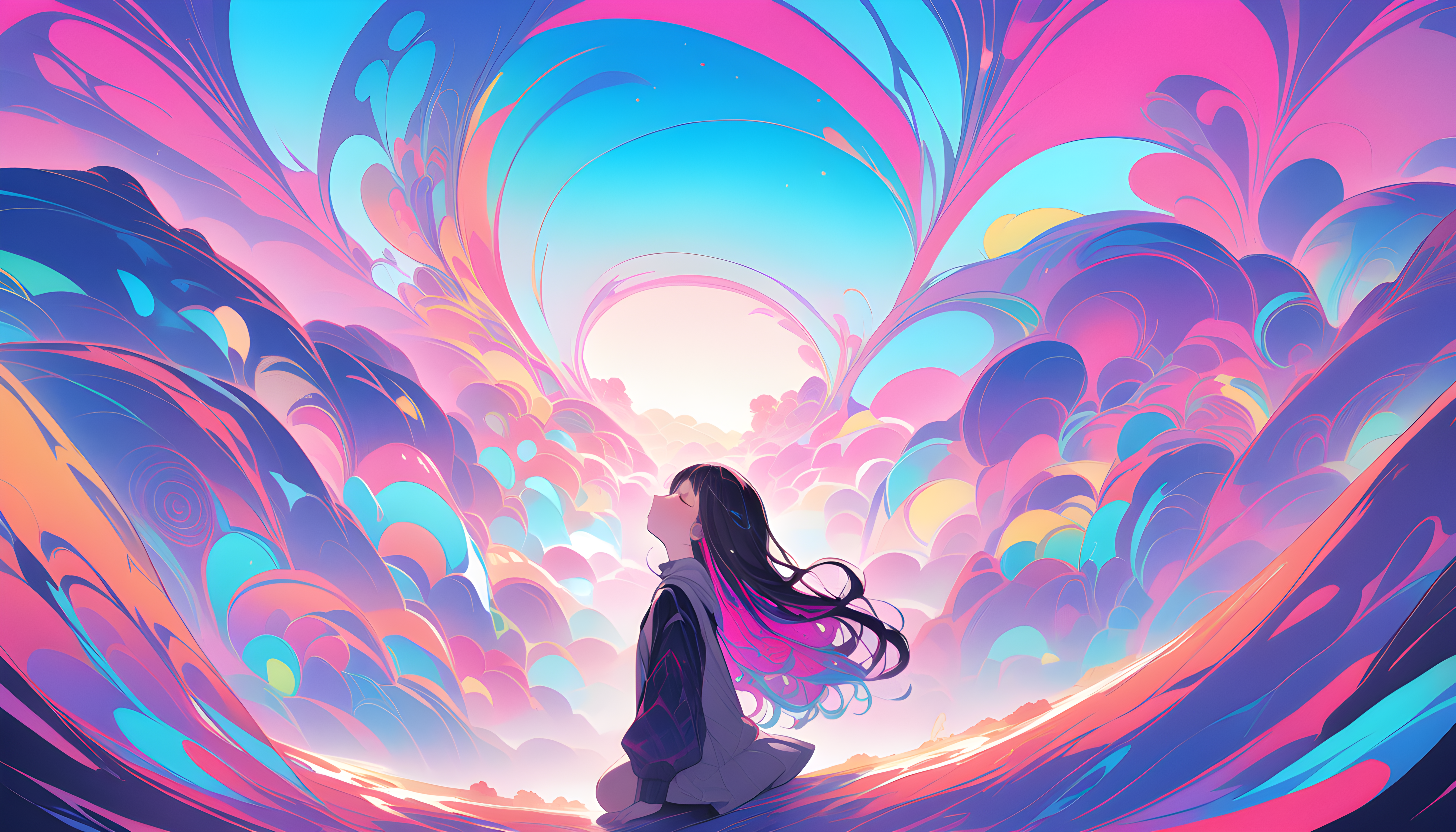 Anime 5376x3072 AI art anime girls Stable Diffusion trippy paint splash meditation hair blowing in the wind closed eyes long hair colorful long sleeves side view looking up