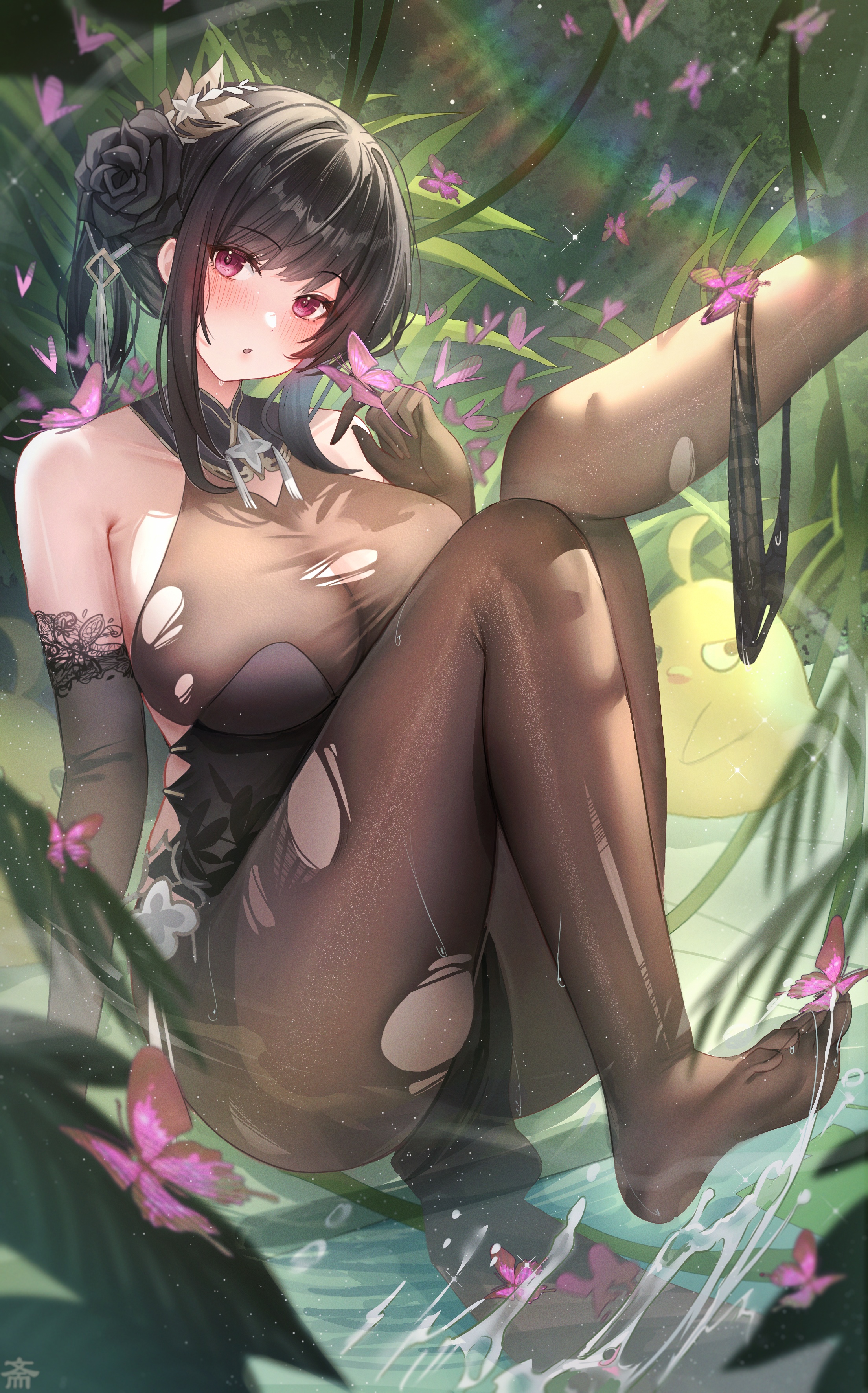 Anime 2208x3544 anime anime girls Pixiv Chen Hai (Azur Lane) torn clothes Azur Lane Tansuan portrait display looking at viewer blushing elbow gloves gloves black hair red eyes butterfly insect big boobs bare shoulders water leaves feet flower in hair sunlight bodystocking rainbows