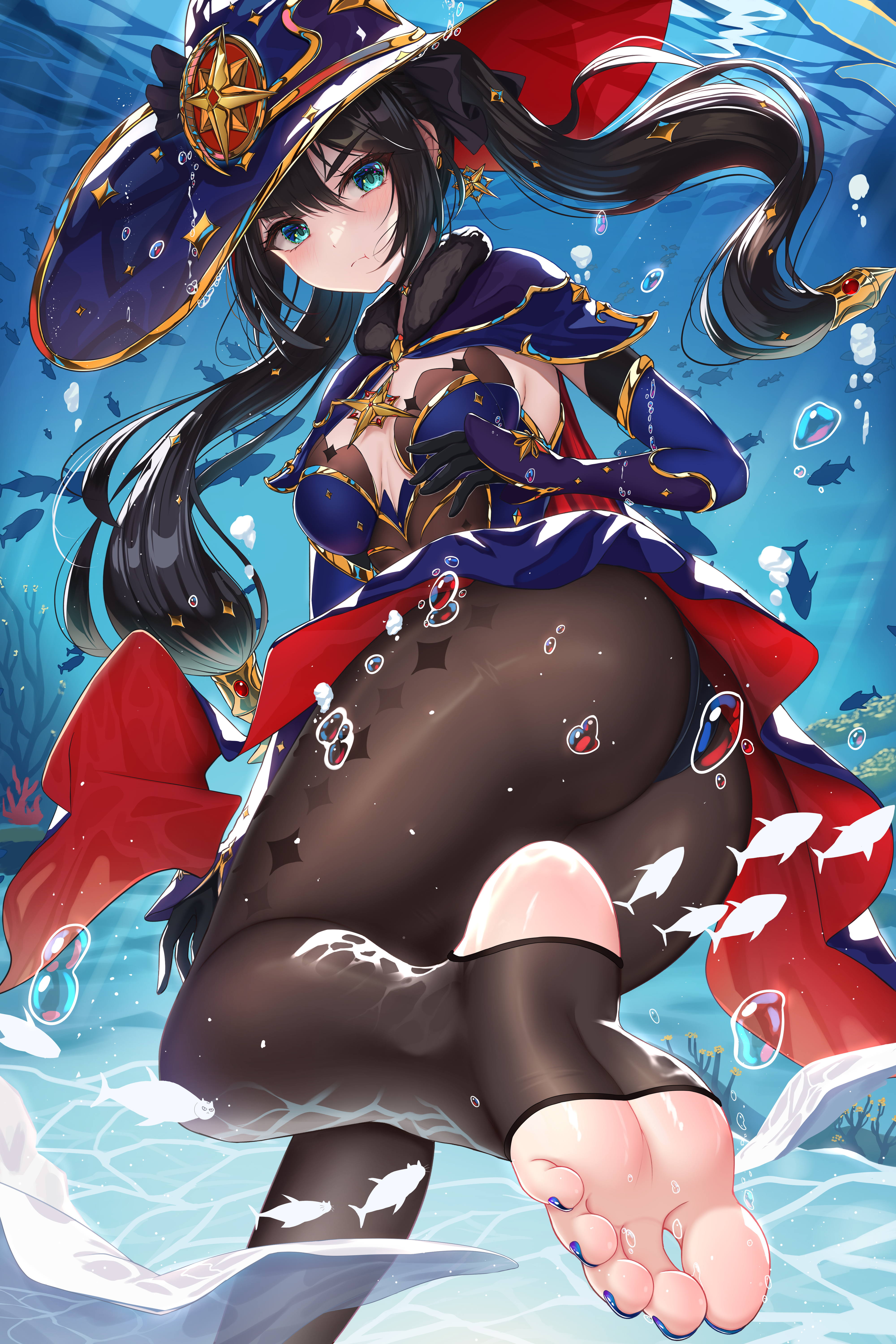 Anime 4000x6000 anime anime girls Genshin Impact fish pantyhose looking back maoda portrait display hair between eyes earring hat women with hats foot sole foot fetishism feet toes water upskirt bubbles ass twintails long hair black hair blue eyes holding breath witch hat animals underwater anime games rear view toeless legwear blue nails painted toenails coral Mona (Genshin Impact)