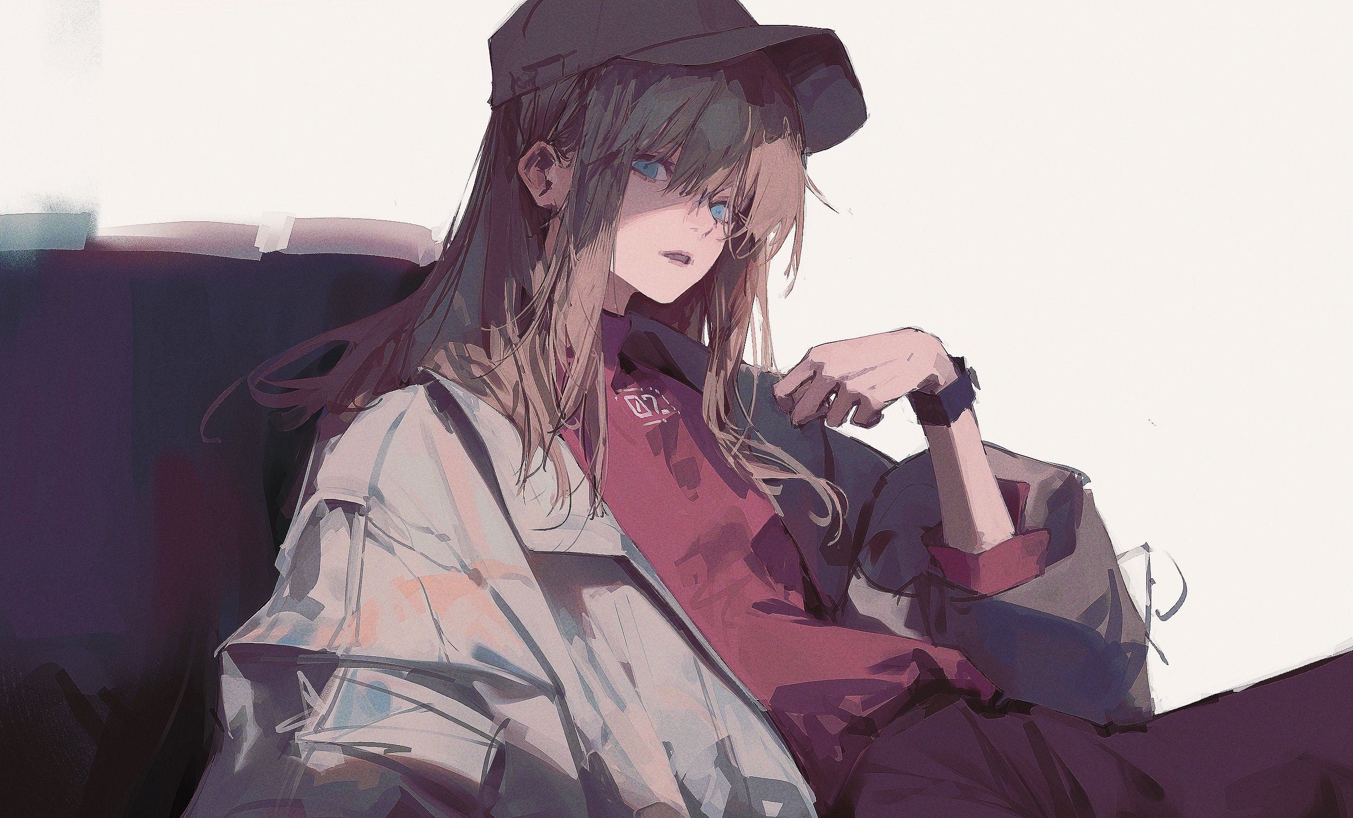 Anime 2657x1607 96yottea anime anime girls long hair hat women with hats simple background jacket hair between eyes brunette blue eyes parted lips wristwatch open jacket baseball cap sitting long sleeves red shirt original characters