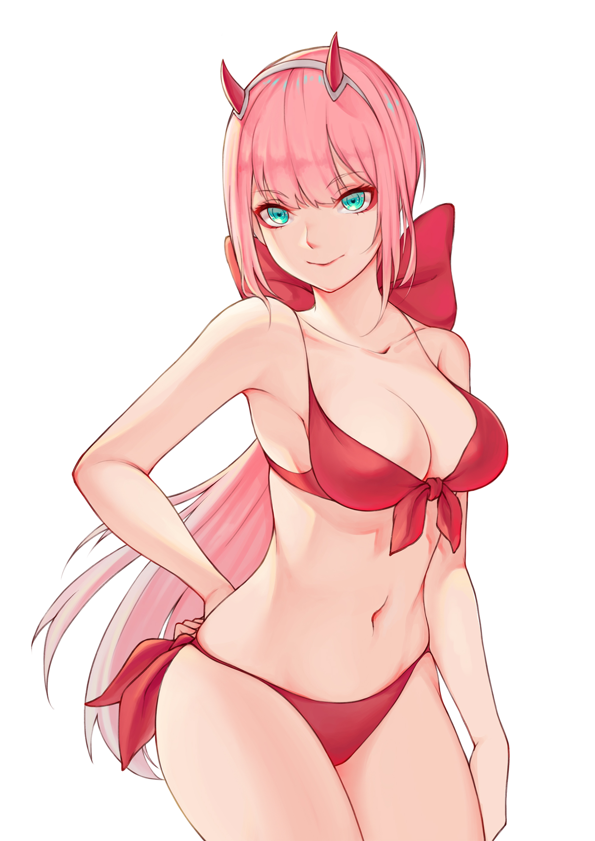 Anime 2000x2829 anime anime girls Zero Two (Darling in the FranXX) Darling in the FranXX QAQ looking at viewer smiling simple background bikini white background skinny closed mouth collarbone long hair pink hair blue eyes big boobs red bikini standing horns portrait display cleavage