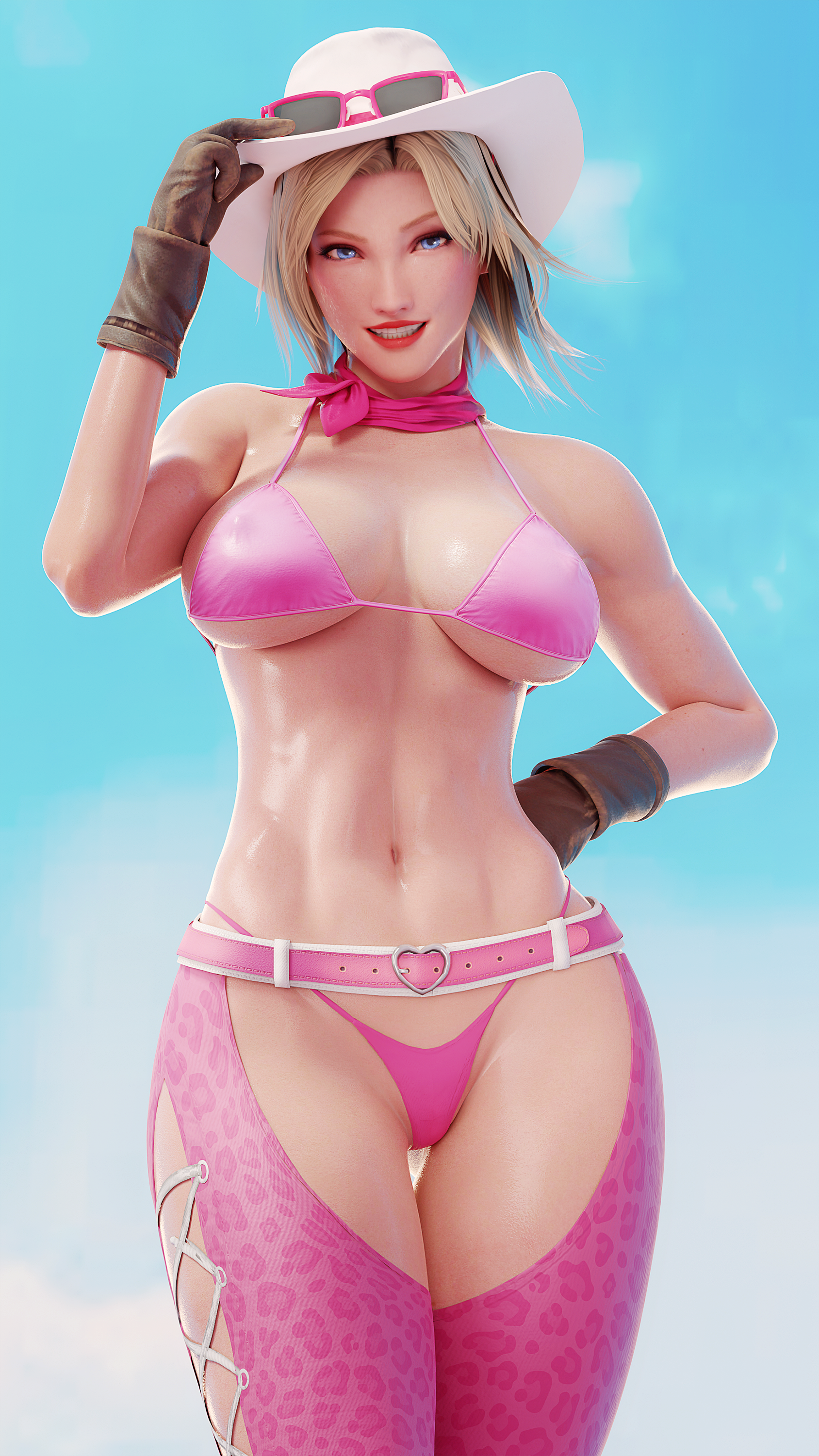 General 1688x3000 Tina Armstrong (Dead or Alive) Dead or Alive video games video game characters CGI fan art FUGTRUP video game girls standing digital art short hair parted lips gloves looking at viewer blonde women with hats bright blue eyes teeth hat bikini belt sunlight sunglasses skinny cow girl pink bikini wide hips choker portrait display smiling pink