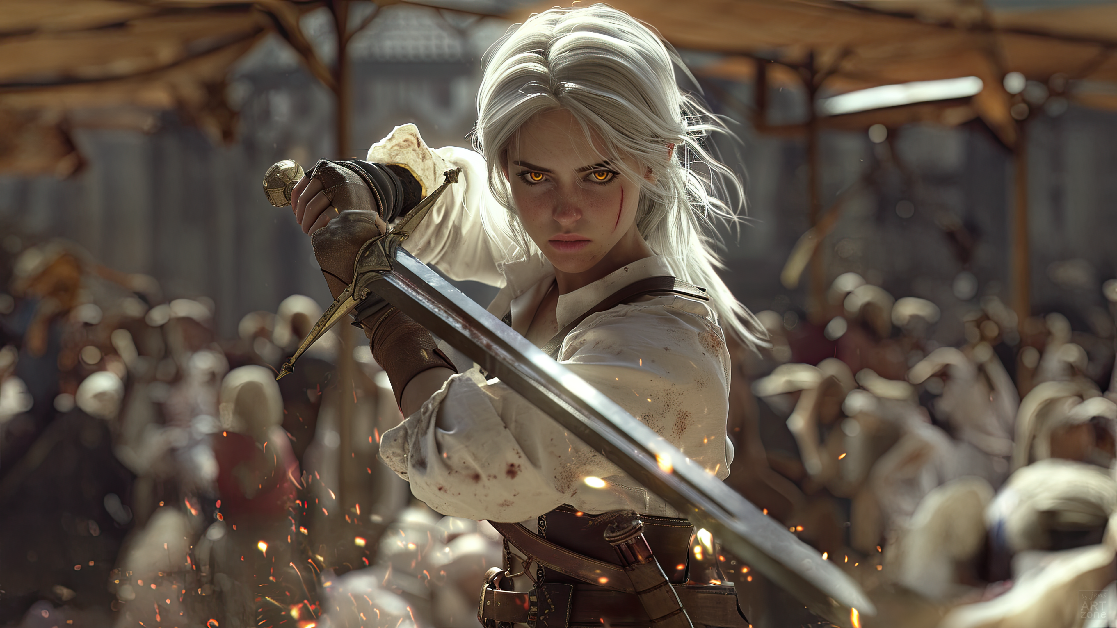 General 3840x2160 The Witcher illustration white hair digital art The Witcher 3: Wild Hunt Cirilla Fiona Elen Riannon AI art women with swords video game art sword looking at viewer long hair blurred blurry background closed mouth wounds yellow eyes ringed eyes
