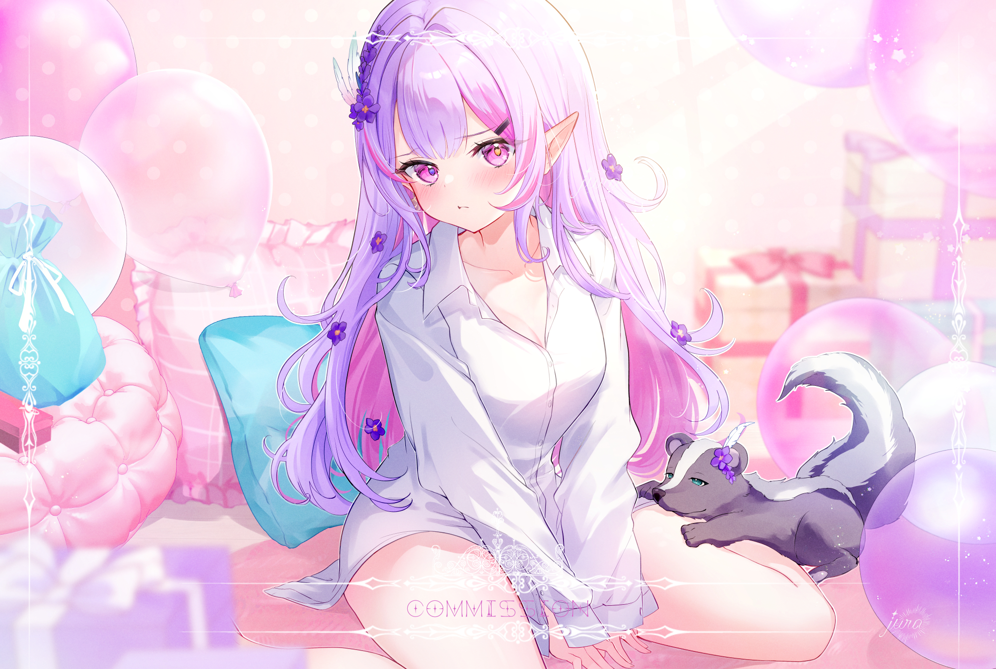 Anime 2047x1375 anime anime girls purple hair white clothing pointy ears pink eyes bare bottom small boobs blushing looking at viewer collarbone long sleeves closed mouth two tone hair animals collared shirt pillow thighs legs balloon flower in hair presents cleavage bright