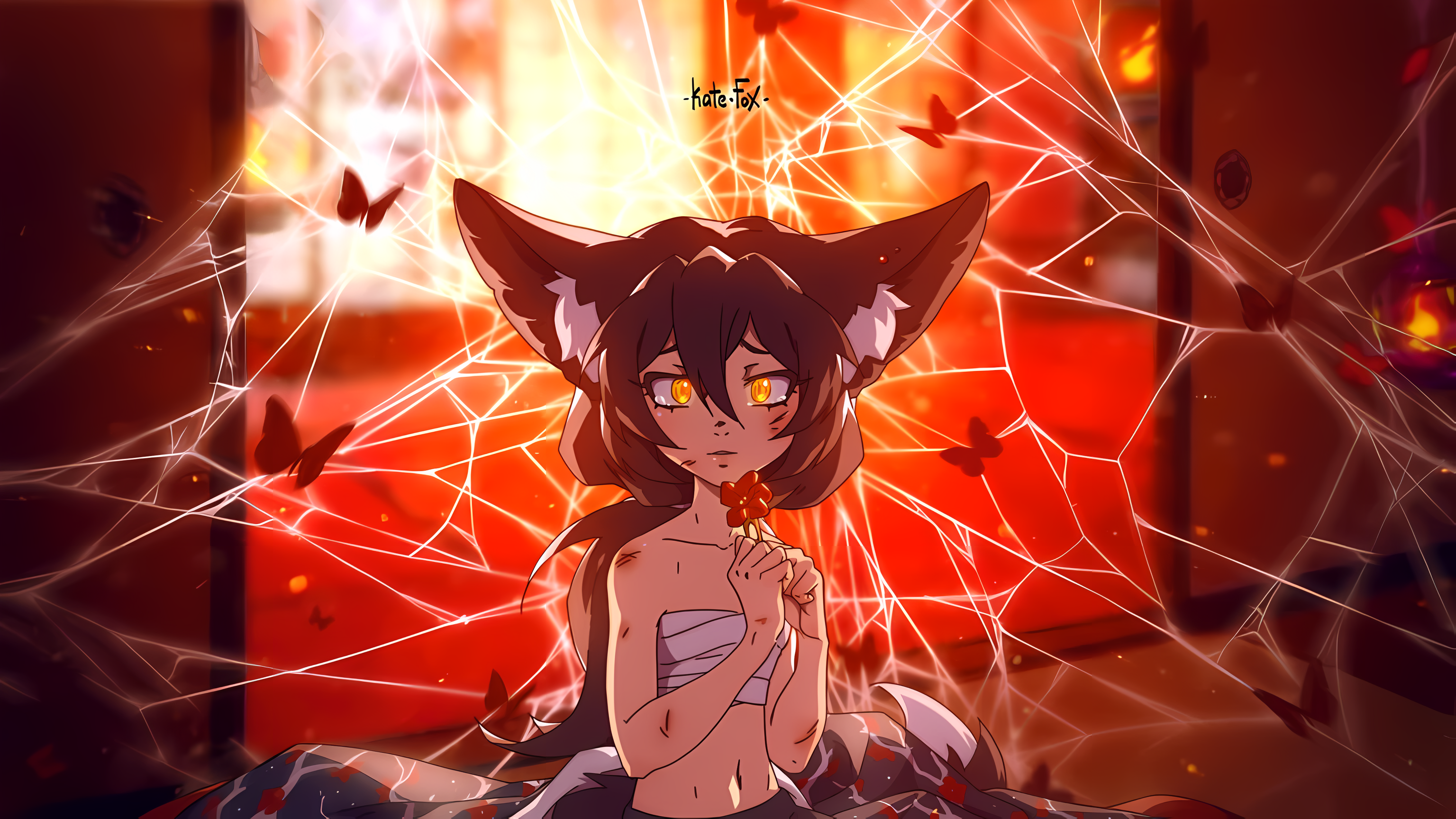 Anime 3072x1728 Kate-FoX fox girl fox ears looking at viewer hair between eyes sarashi frontal view brunette brown eyes long hair signature spiderwebs butterfly backlighting blood insect skinny anime girls parted lips