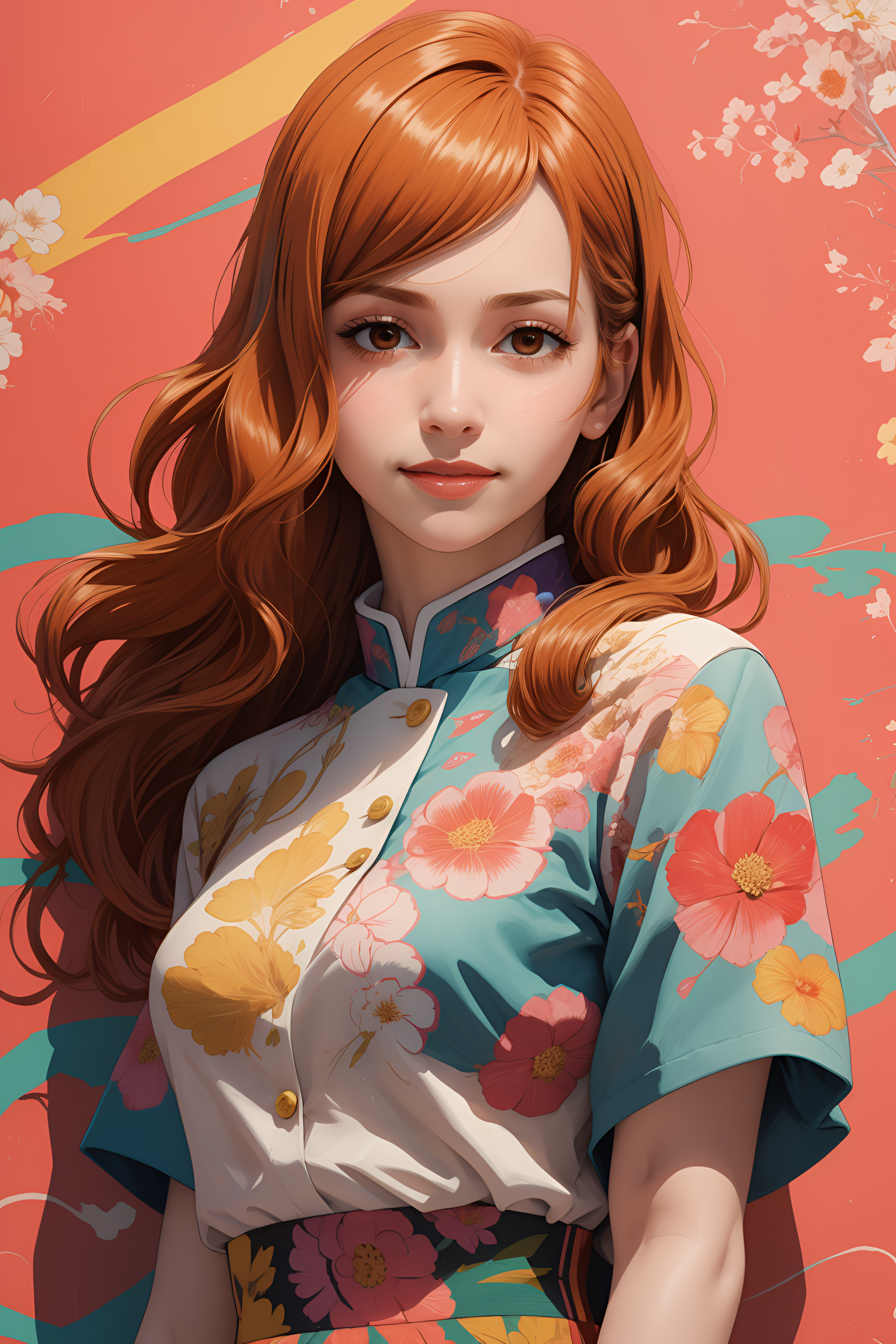 Anime 2048x3072 AI art Kugisaki Nobara flower dress redhead dress orange background long hair wavy hair