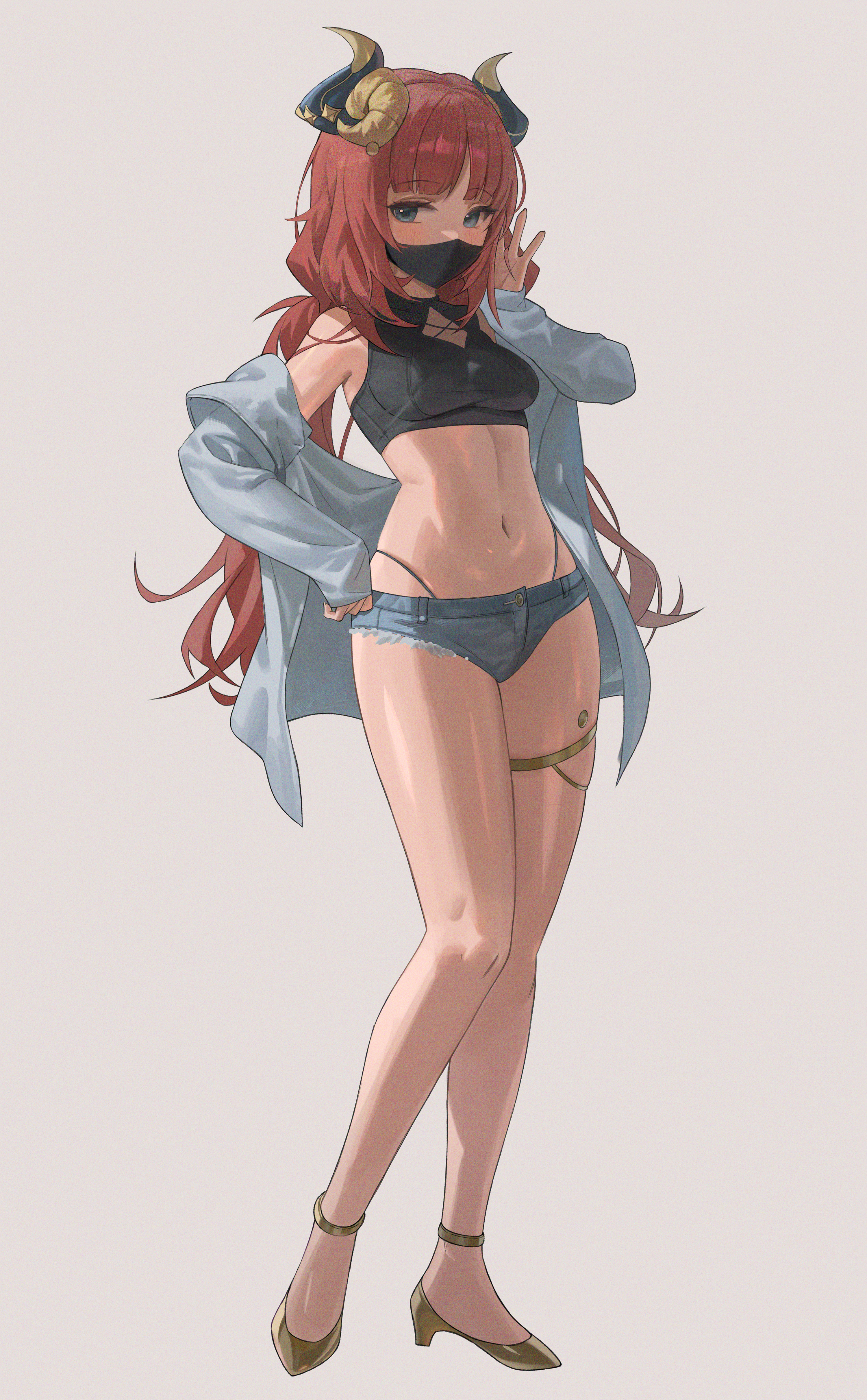 Anime 3000x4842 simple background Nilou (Genshin Impact) Genshin Impact anime girls short shorts belly horns redhead mask