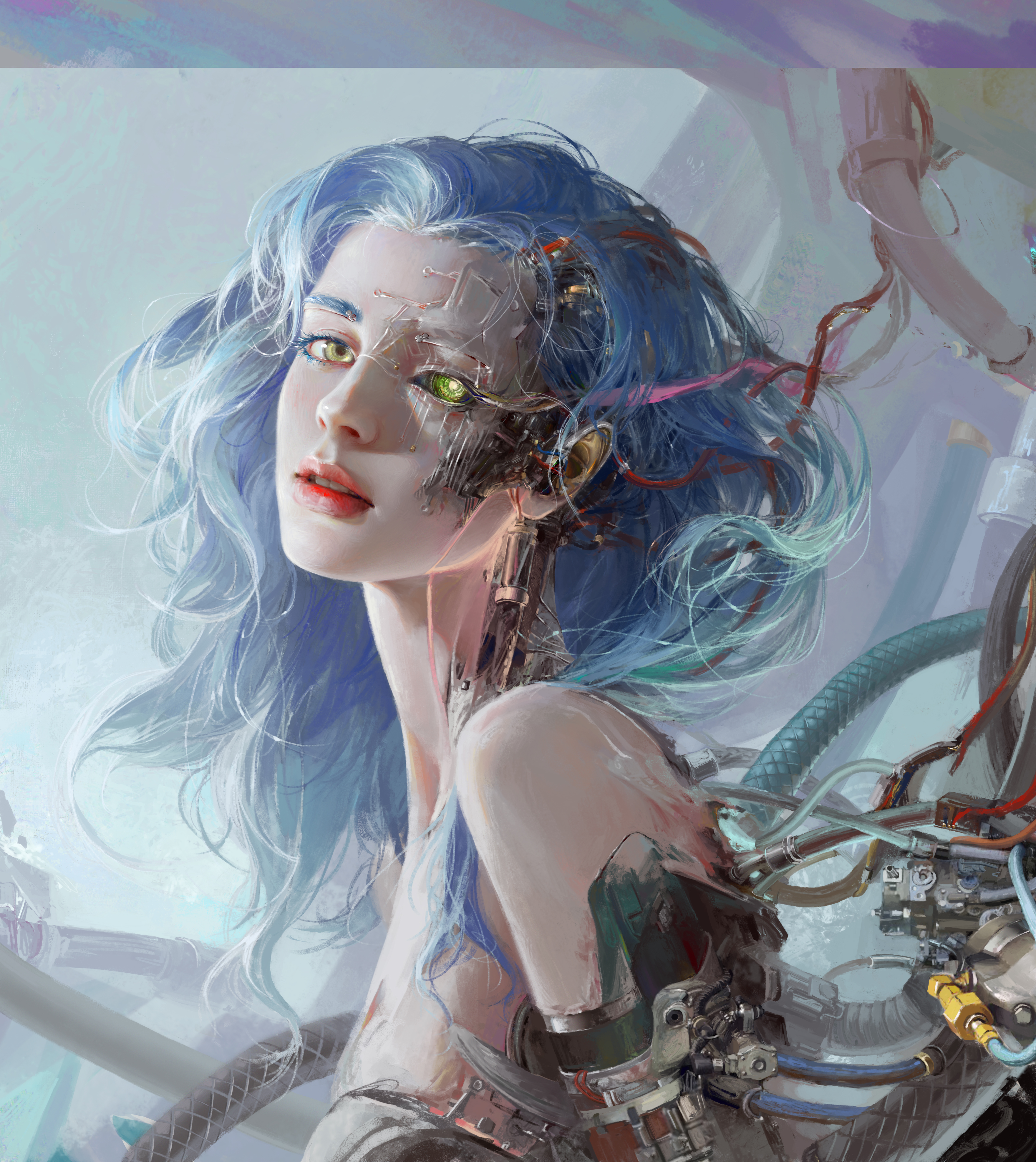 General 3519x3946 artwork fantasy girl blue hair heterochromia cyborg