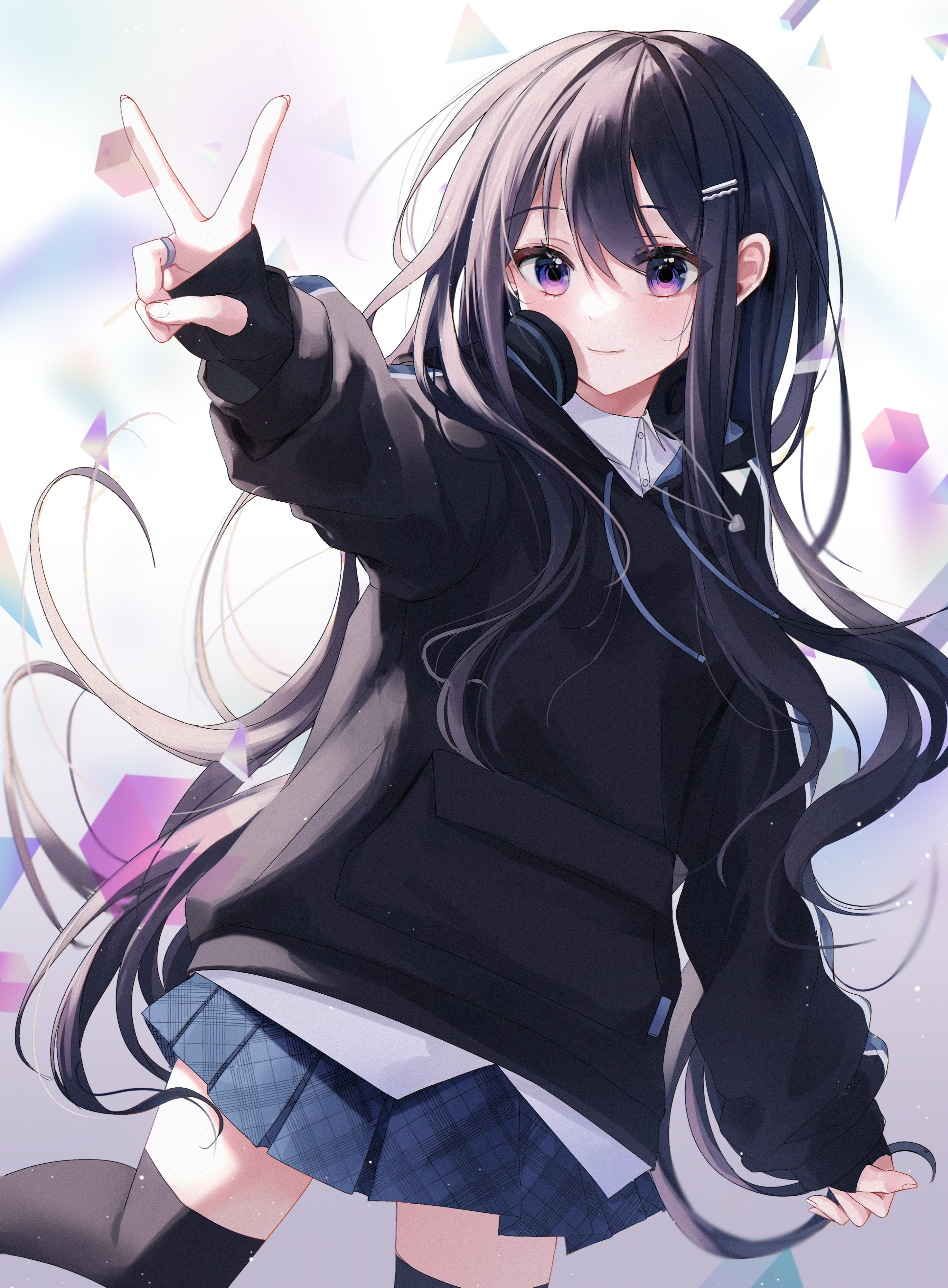 Anime 2945x4000 anime artwork anime girls peace sign headphones cube