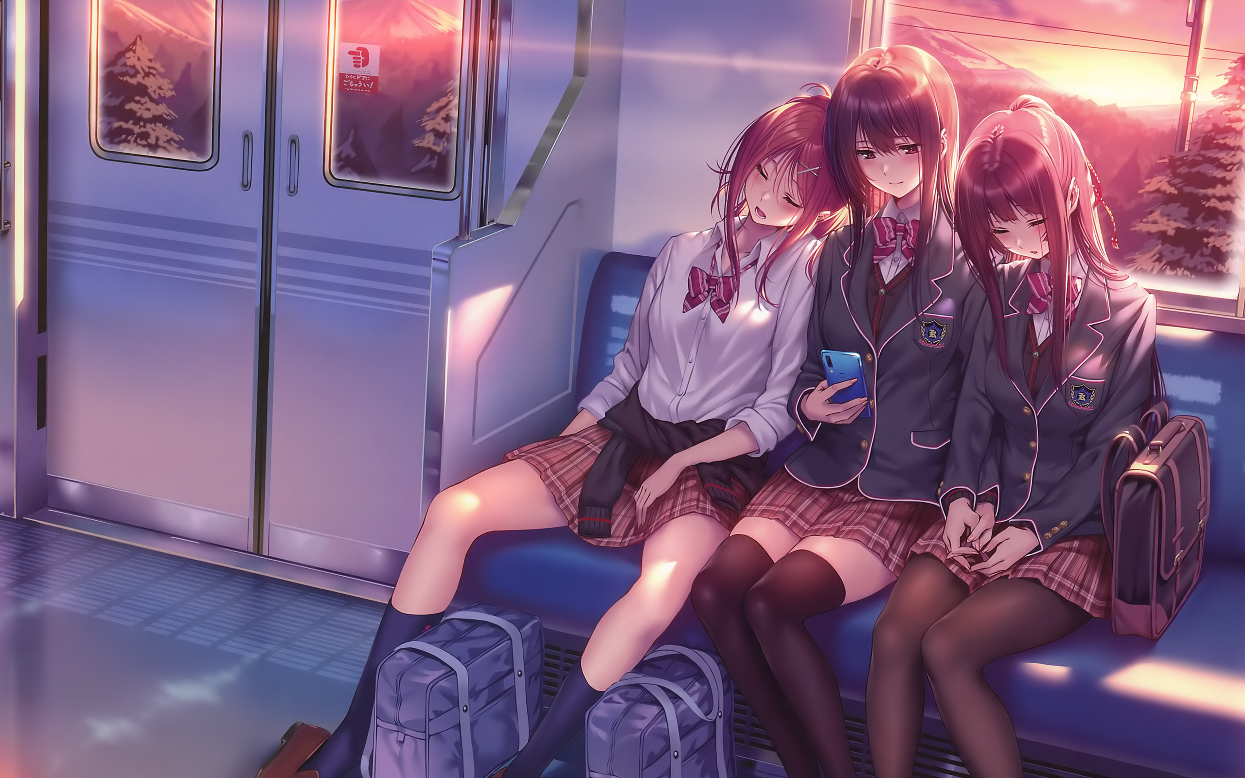 Anime 2560x1600 anime girls anime schoolgirl school uniform train sleeping skirt stockings pantyhose Hanikami Kanojo piromizu artwork women trio zettai ryouiki
