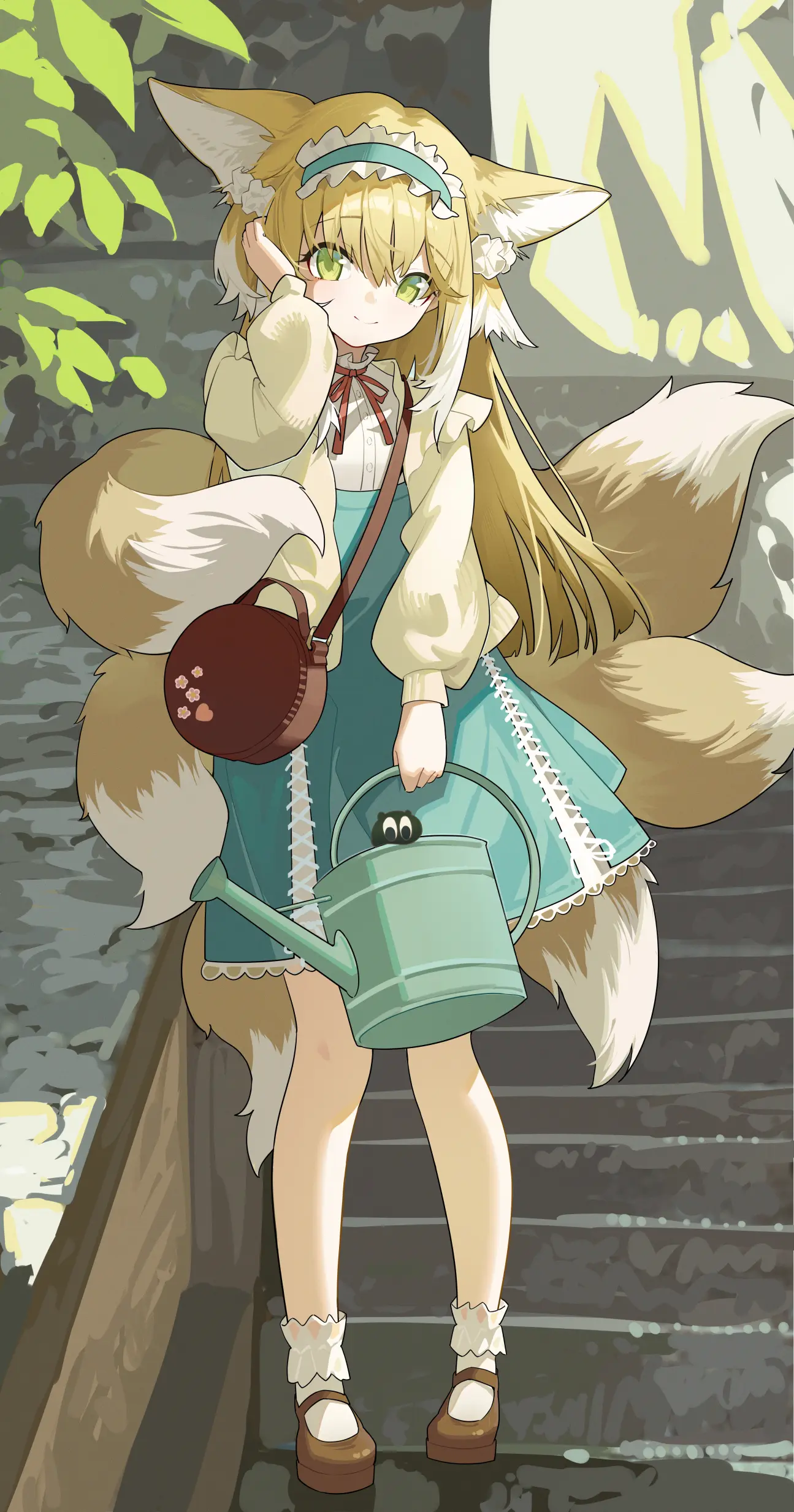 Anime 1295x2467 anime girls Arknights Suzuran (Arknights) fox girl fox ears fox tail stairs loli