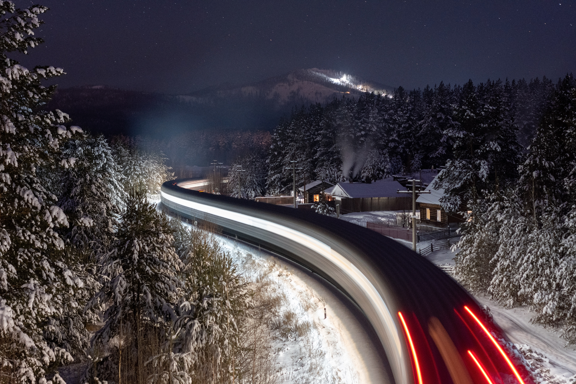 General 1920x1280 nature landscape winter snow road long exposure motion blur night forest trees house cabin stars mountains hills train low light