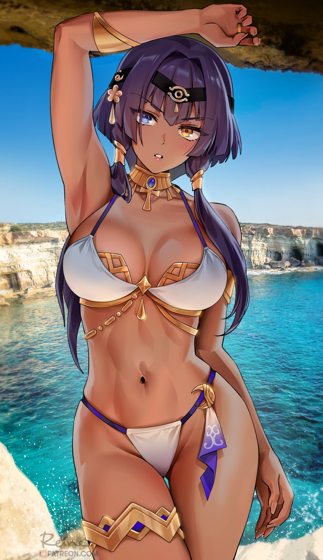 Anime 1100x1906 anime anime girls dark skin heterochromia big boobs cleavage bikini purple hair Candace (Genshin Impact) Genshin Impact artwork FoxyReine