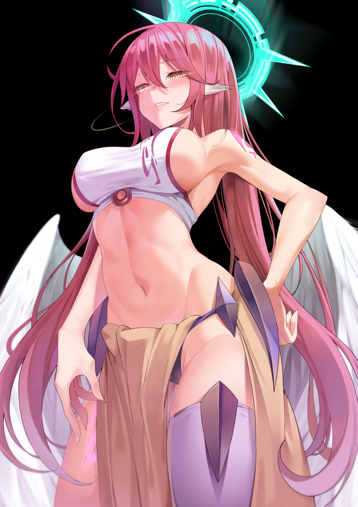 Anime 1200x1697 K pring anime girls boobs big boobs sideboob armpits thighs looking below low-angle Jibril belly belly button bare midriff pink hair No Game No Life blushing simple background wings black background tattoo huge breasts standing yellow eyes animal ears glowing eyes