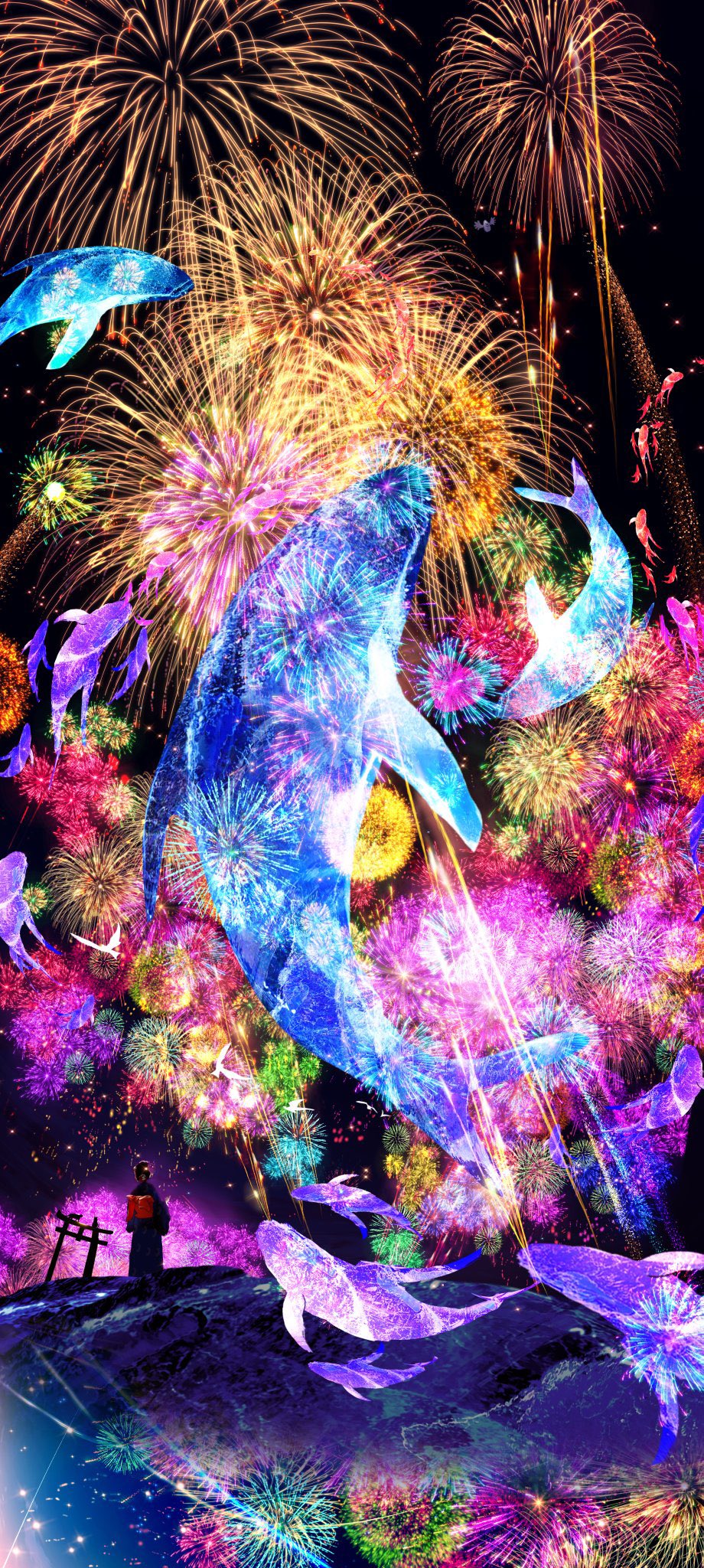 Anime 920x2048 anime anime girls portrait display fireworks whale animals sky night torii standing kimono flying whales