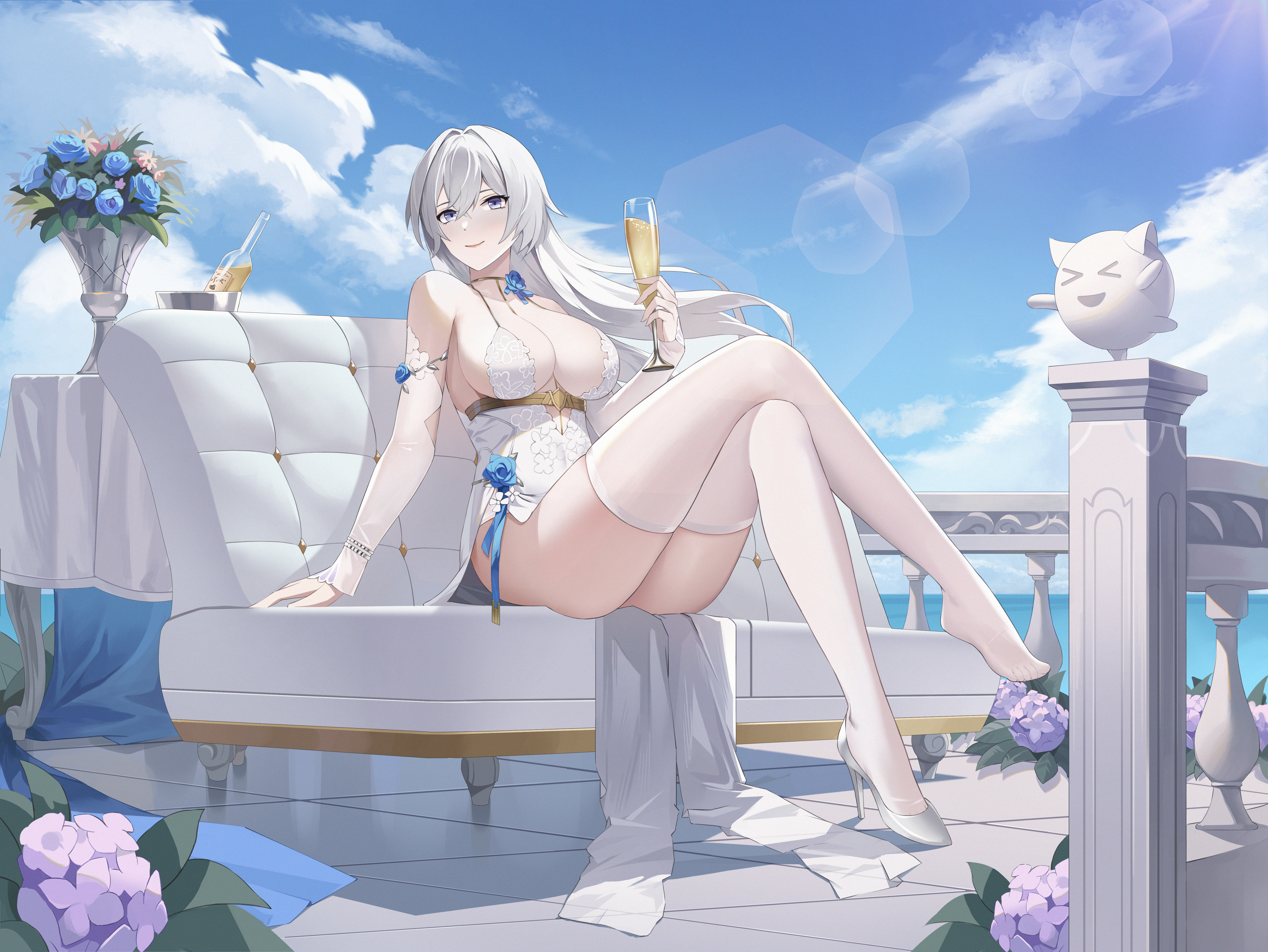 Anime 5783x4342 legs big boobs bra straps Aether Gazer sitting sky clouds heels flowers dress pointed toes smiling anime girls drinking glass champagne leaves looking at viewer long hair hair blowing in the wind wind couch table