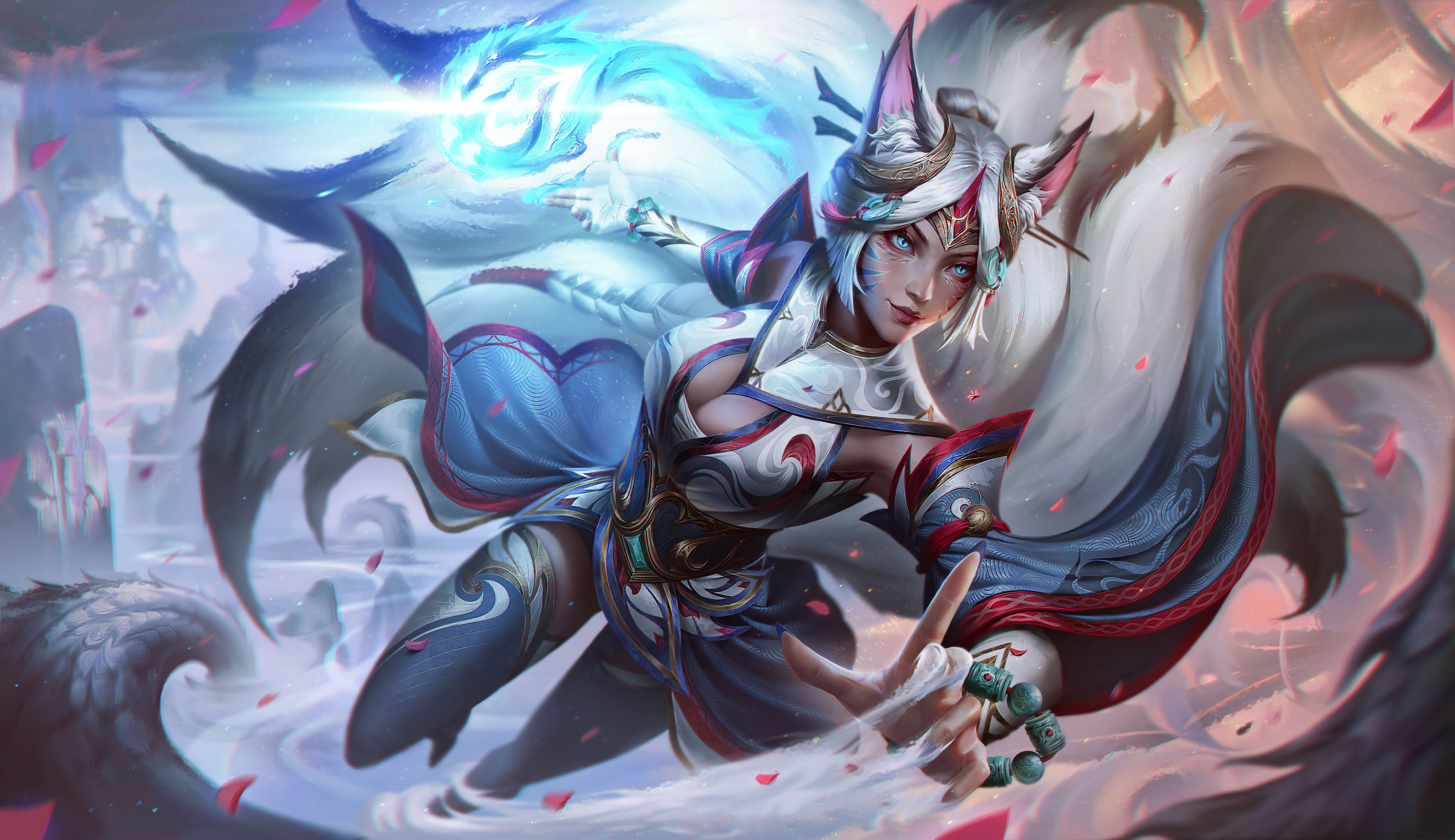 General 9207x5315 Ahri (League of Legends) League of Legends GZG Riot Games video games video game characters video game girls cleavage fox girl fox ears fox tail petals smiling blue eyes video game art