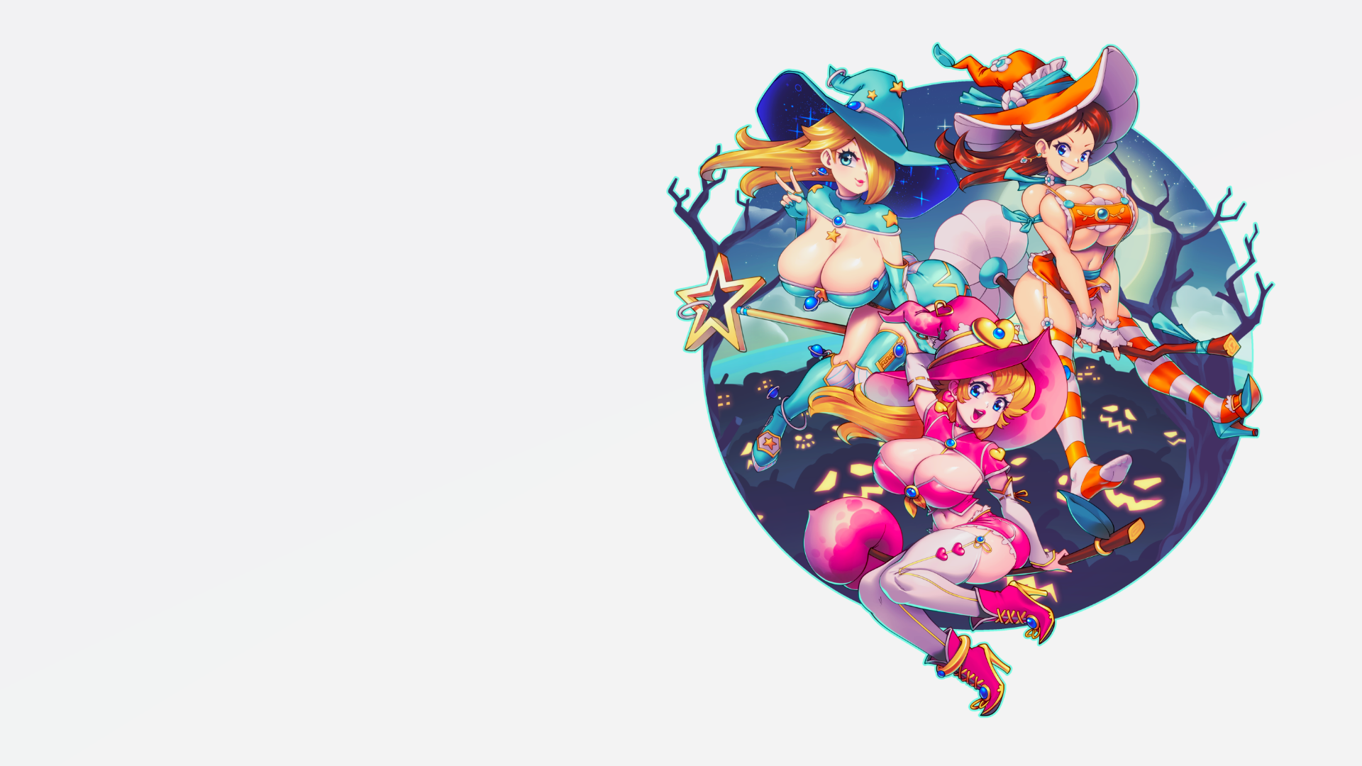 Anime 1920x1080 Super Mario Princess Daisy huge breasts big boobs Princess Rosalina hat Princess Peach dead trees simple background heels white background smiling minimalism long hair looking at viewer stockings peace sign open mouth hair over one eye pumpkin earring witch stars witch hat