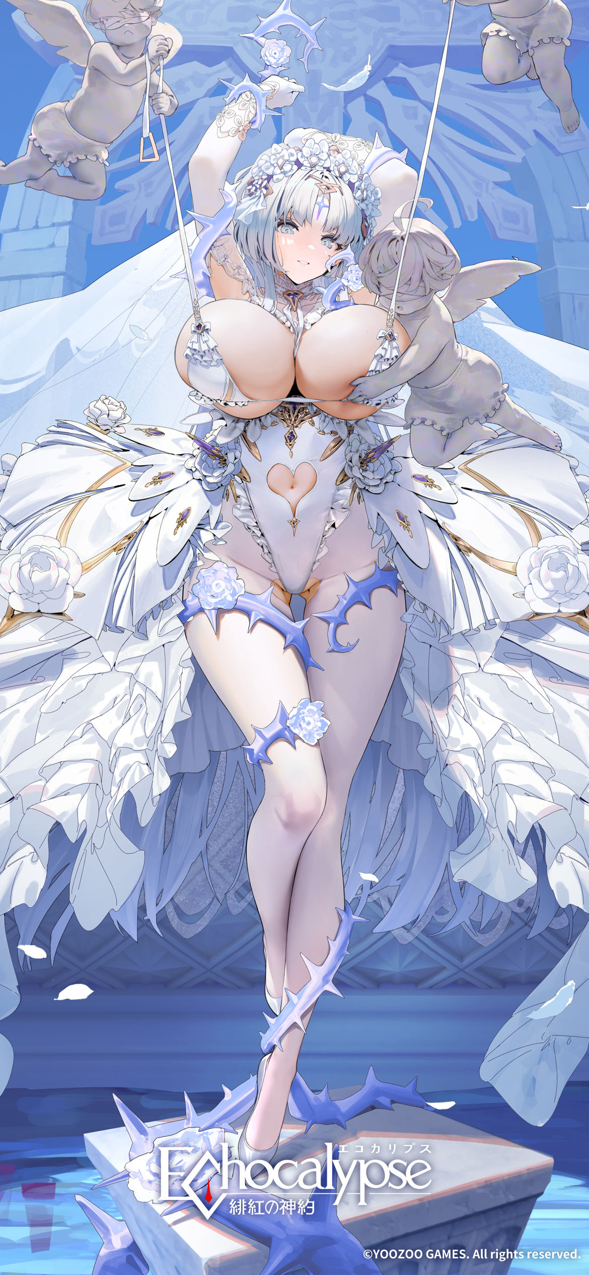 Anime 1170x2532 Echocalypse huge breasts portrait display anime girls Levia (Echocalypse) petals flowers looking at viewer white flowers belly button angel light blue eyes flower crown pantyhose white pantyhose leotard white leotard white bra white gloves lingerie white lingerie feathers flower in hair bridal veil white dress white heels watermarked elbow gloves gloves strategic covering arms up wedding dress thorns pulling clothing