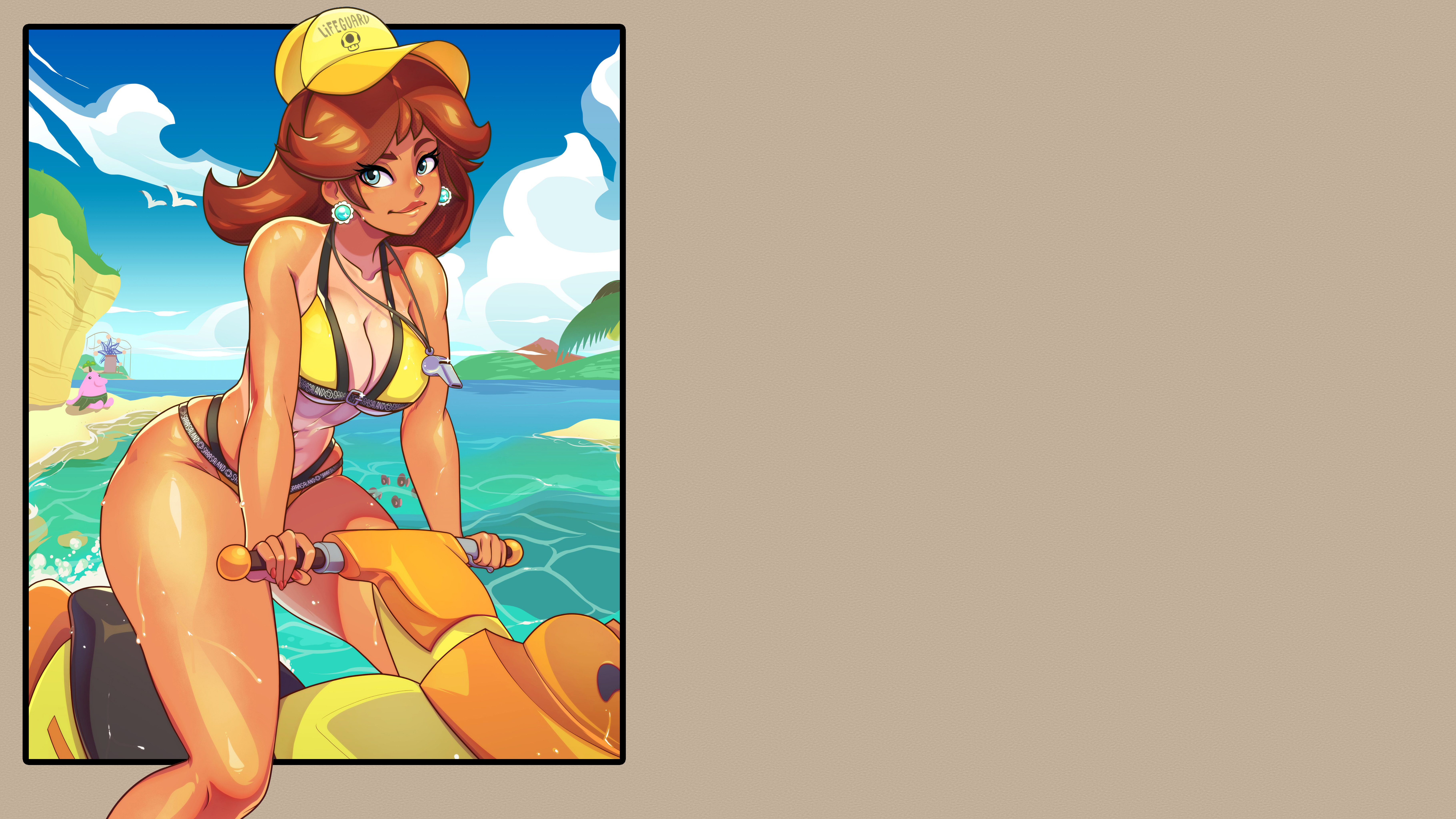 Anime 7282x4096 Mario Bros. Princess Daisy water yellow bikini hat cleavage tan lines thighs thick thigh ass brunette tanned leaning earring looking at viewer beach Lifeguard whistle video games clouds video game girls sky simple background bikini alternate costume jet ski big boobs