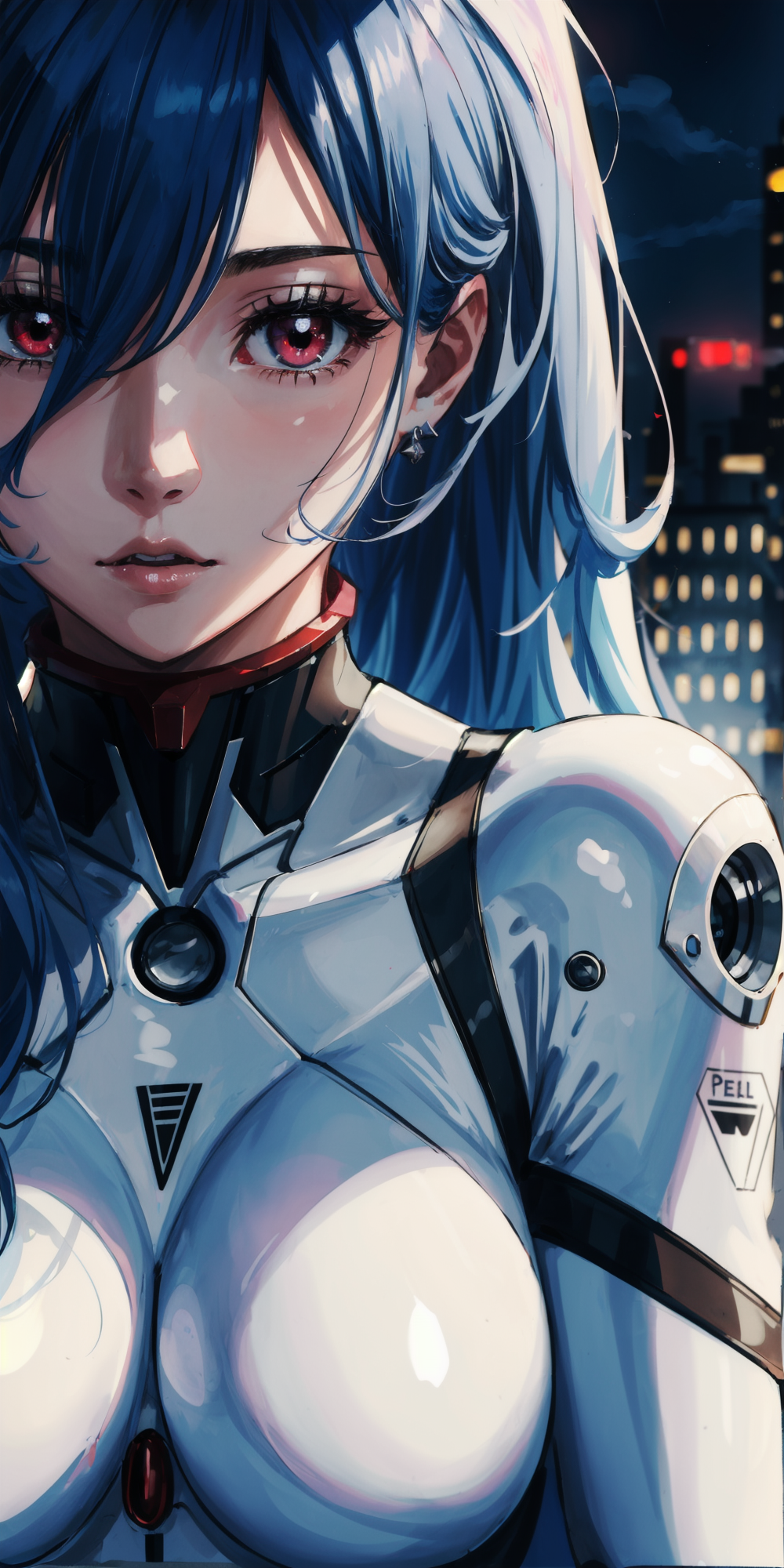 Anime 1000x2000 Ayanami Rei EVA Unit 02 Stable Diffusion AI art digital art portrait display long hair anime girls looking at viewer bodysuit blue hair red eyes parted lips closeup face night building