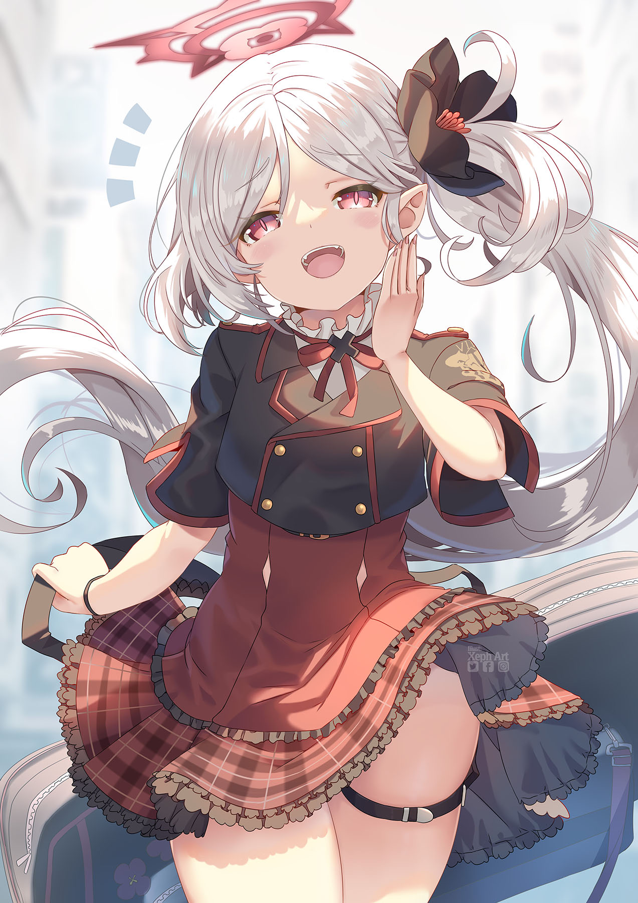 Anime 1273x1800 anime girls portrait display looking at viewer long hair open mouth smiling pointy ears blushing skirt frills sunlight watermarked Blue Archive Asagi Mutsuki (Blue Archive) white hair purple eyes side ponytail ponytail schoolgirl school uniform uniform bag Pixiv