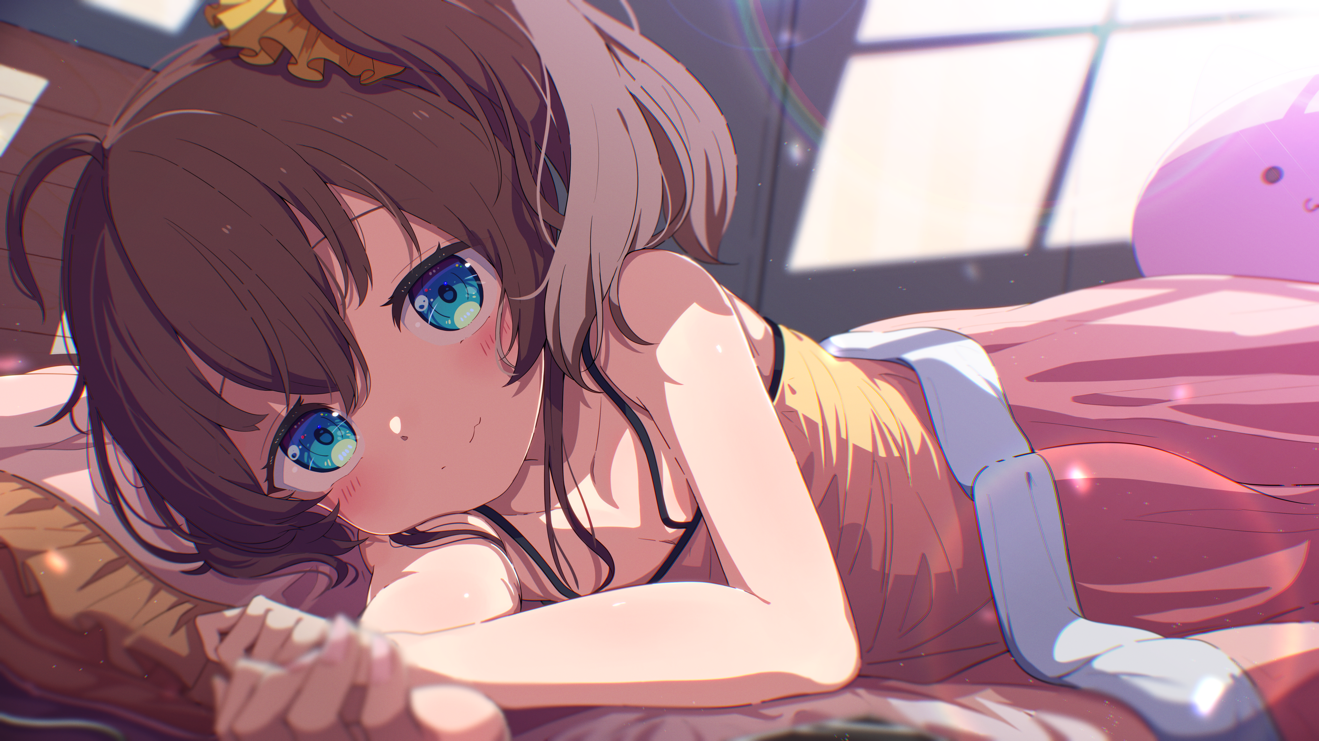 Anime 4493x2527 Hololive Natsuiro Matsuri fan art brunette blue eyes looking at viewer Virtual Youtuber bed lying down lying on side indoors women indoors blushing anime girls Side ponytail ponytail sunlight rainbows closed mouth pillow loli