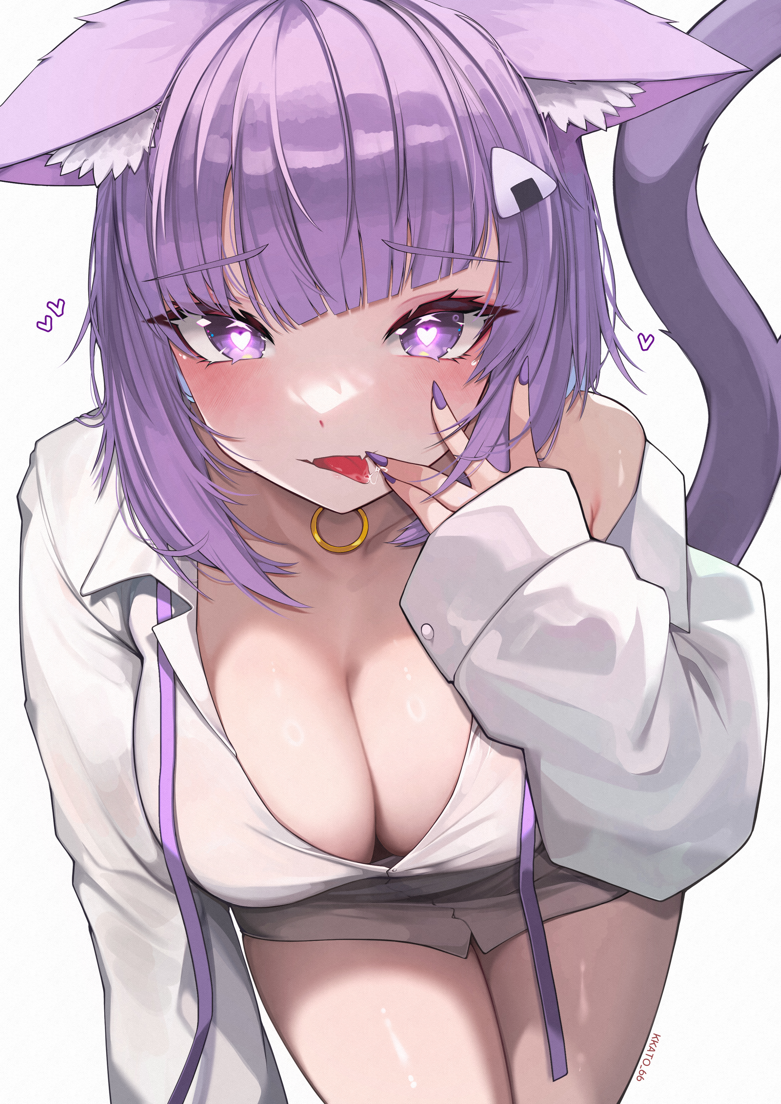 Anime 2480x3508 anime anime girls Pixiv Virtual Youtuber Nekomata Okayu Hololive portrait display cleavage looking at viewer blushing cat girl big boobs tongue out cat ears short hair cat tail purple hair purple eyes heart simple background white background no bra purple nails watermarked kkato_66 saliva trail
