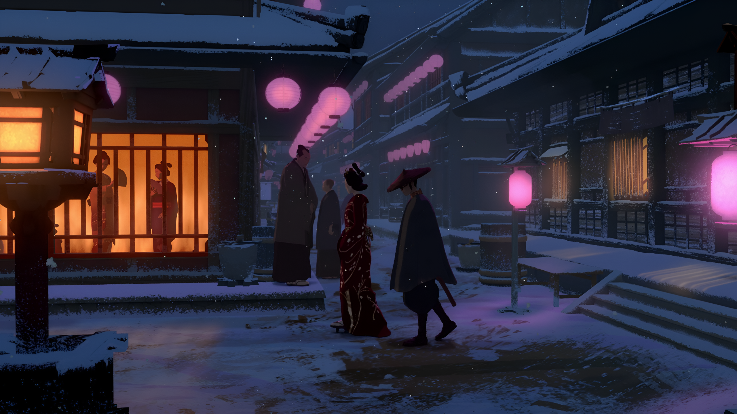 General 2560x1440 Blue Eye Samurai samurai town snow walking digital art building people geisha hand fan lantern kimono night snowing