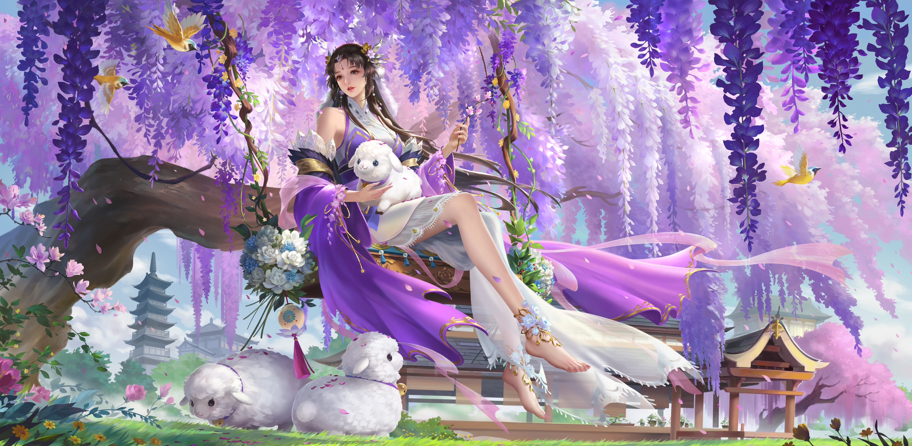 Anime 3142x1536 video game art Asian video game characters sitting animals flowers grass video games