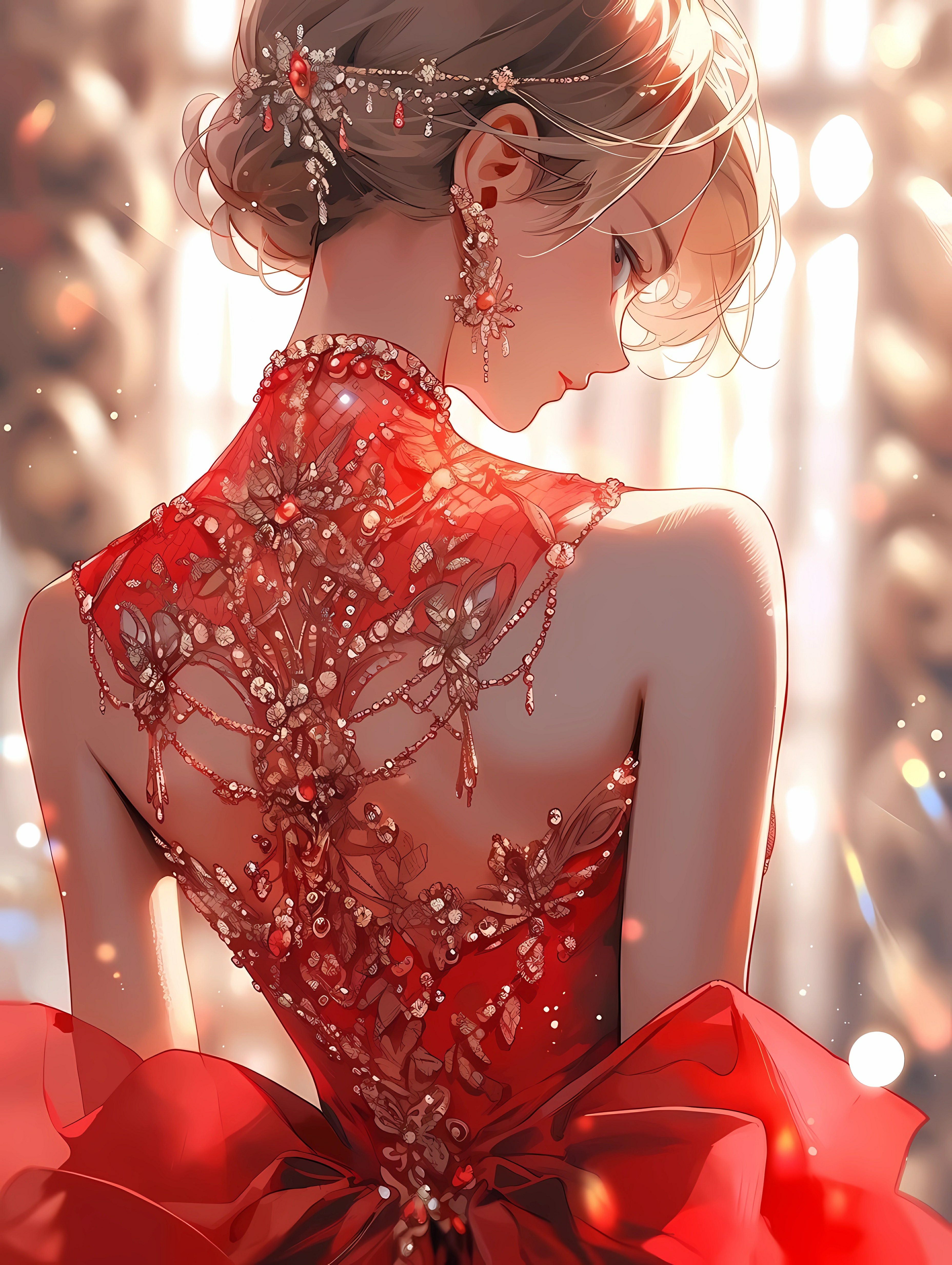 Anime 3712x4928 anime anime girls AI art looking at viewer looking back dress portrait display short hair blurred blurry background bare shoulders earring digital art closed mouth