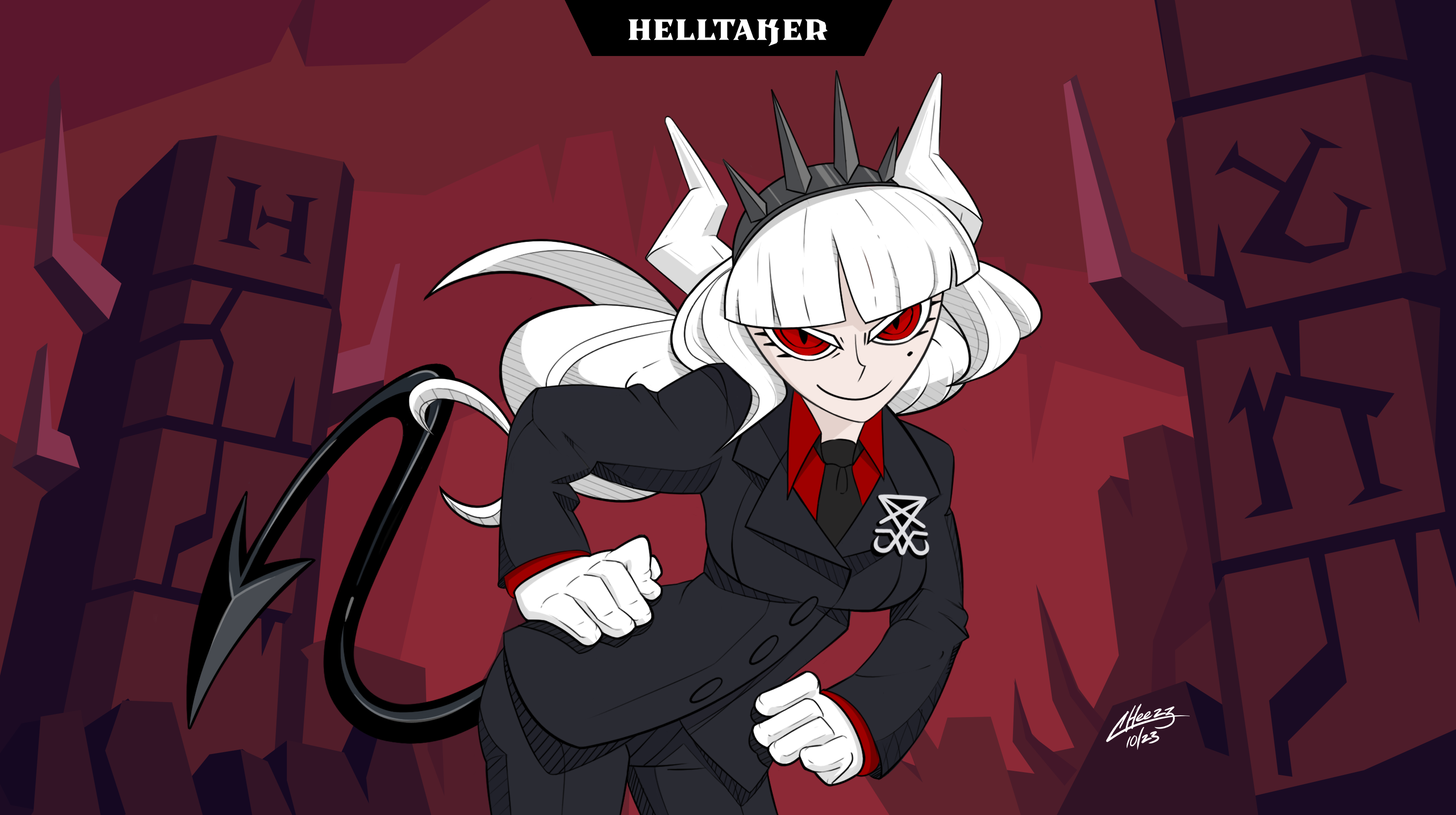 General 3198x1790 Lucifer (Helltaker) suits tail demon girls horns red eyes red background digital art watermarked 2023 (year) video games Helltaker moles mole under eye looking at viewer smiling suit and tie signature long hair white hair demon tail demon horns hands on hips