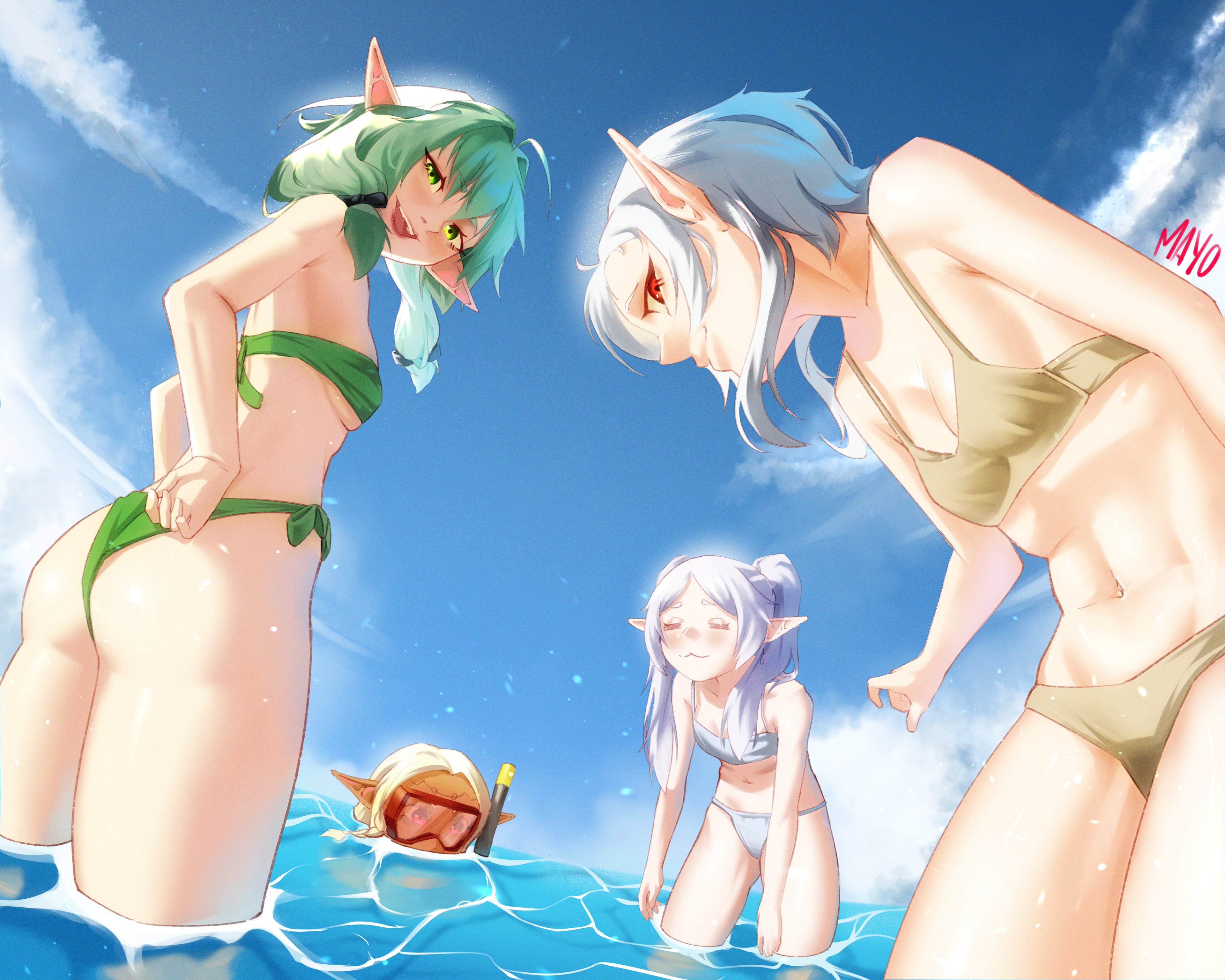 Anime 3840x3072 Otaku Elf Goblin Slayer Mushoku Tensei water Sousou No Frieren elves group of women bikini women quartet crossover Eldali Ilma Fanomenel sky High Elf Archer (Goblin Slayer) Sylphiette looking back Frieren ass standing in water women outdoors thighs pointy ears closed eyes smiling swimming goggles twintails closed mouth open mouth long hair small boobs swimwear Mawster Yowda signature blushing anime girls bright