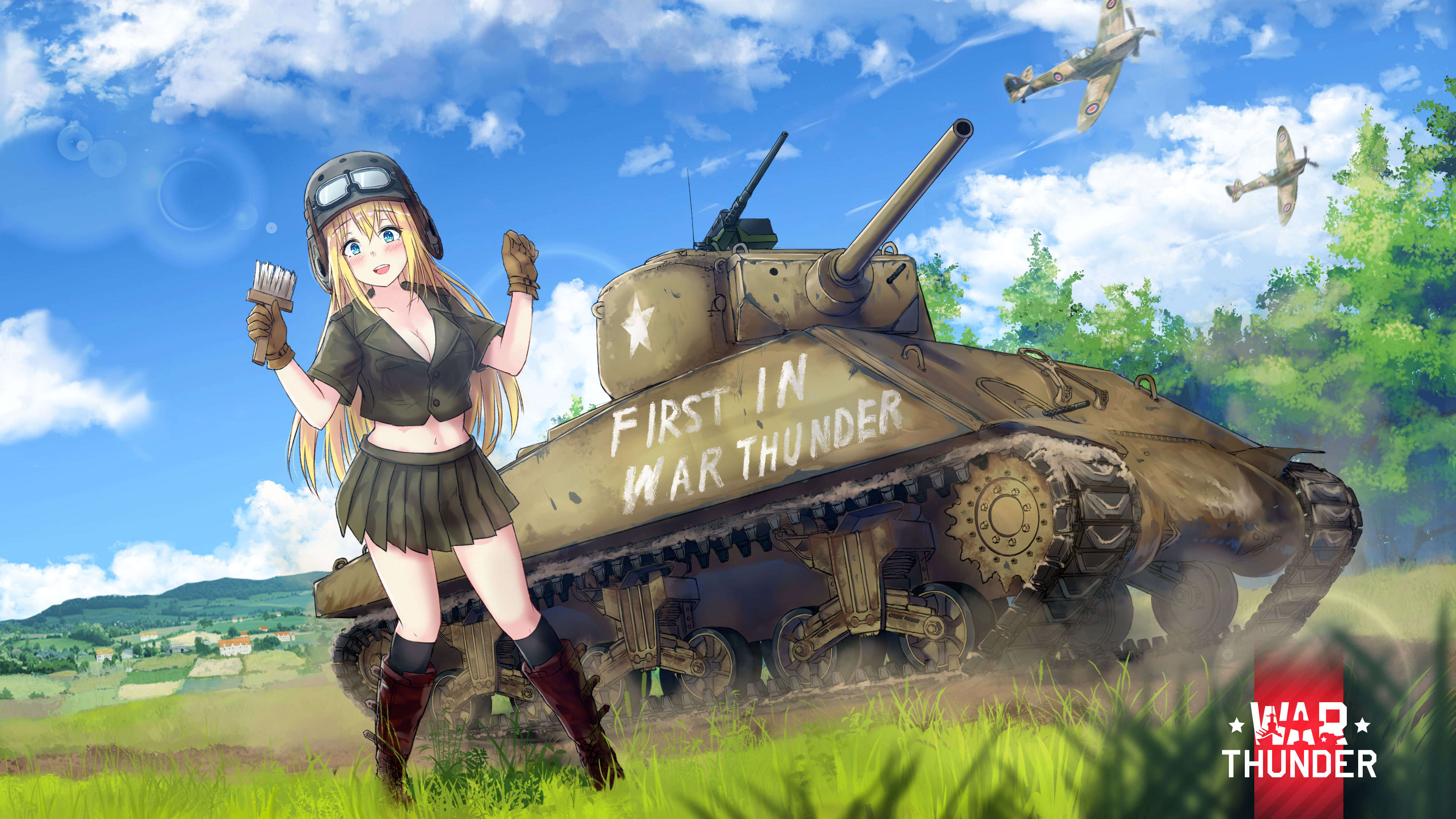 Anime 3840x2160 anime girls M4 Sherman field Military Hat military uniform blonde miniskirt blue eyes leather boots War Thunder paint brushes clouds airplane goggles tank sky gloves looking at viewer blushing standing cleavage skirt military aircraft military military vehicle