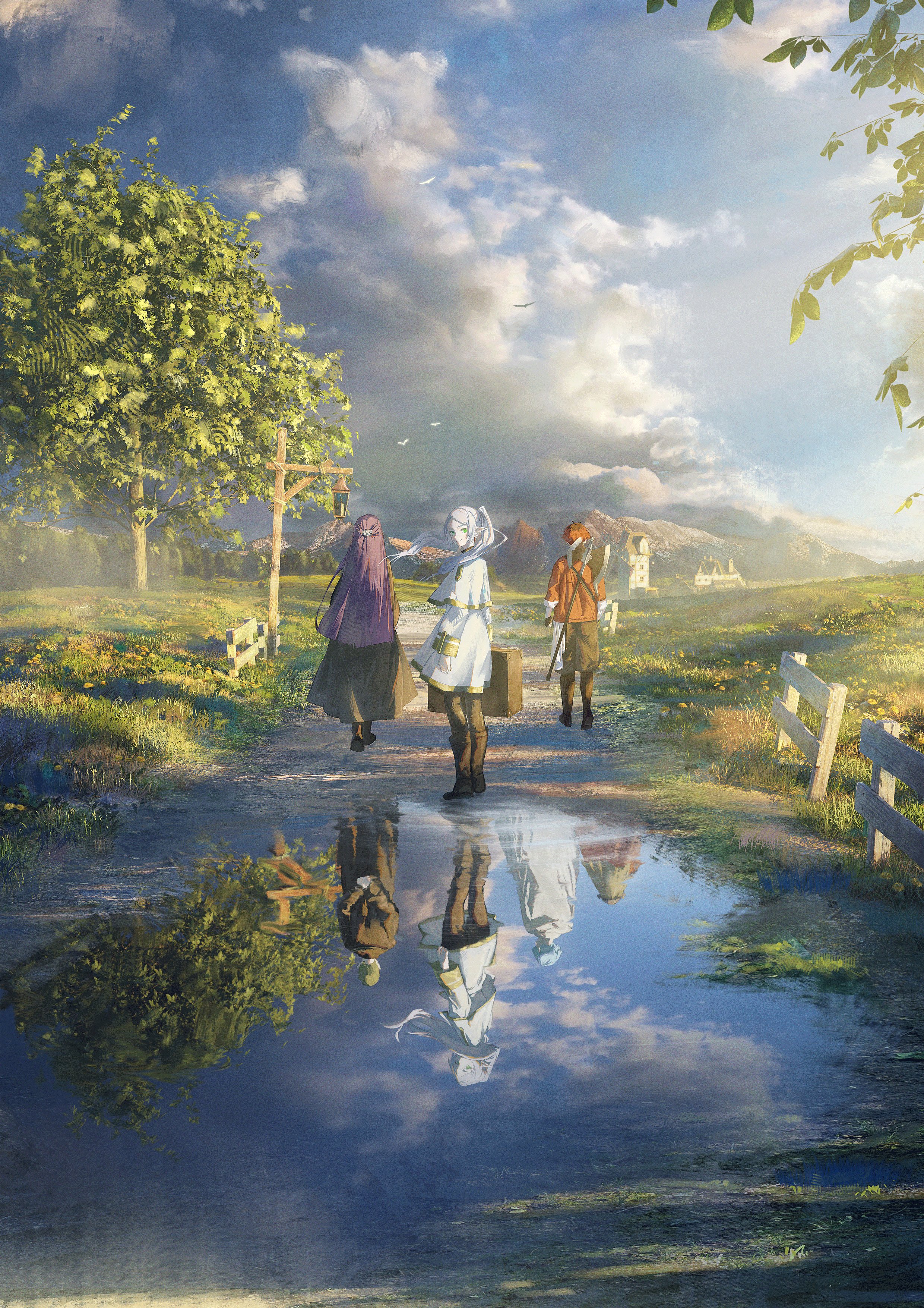 Anime 2480x3508 Sousou No Frieren anime portrait display anime girls anime boys looking back pointy ears Frieren Fern (Sousou No Frieren) Stark (Sousou no Frieren) Heiter (Sousou no Frieren) Himmel (Sousou no Frieren) Eisen (Sousou no Frieren) reflection twintails puddle walking traffic barrier path outdoors nature clouds cumulus Gyoukan grass hair blowing in the wind trees horizon rear view