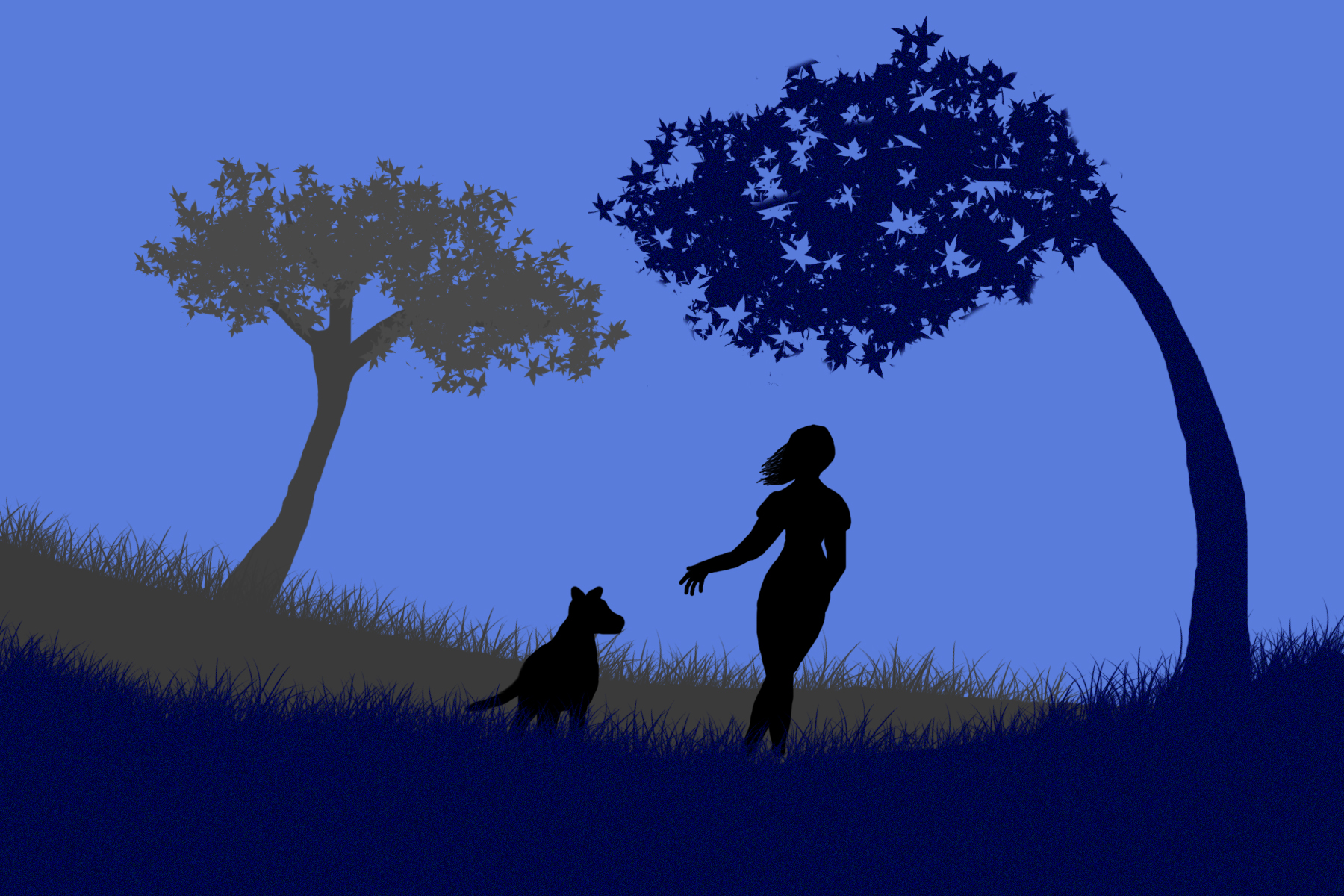 General 1800x1200 women dog sky animals trees grass silhouette wind digital art simple background