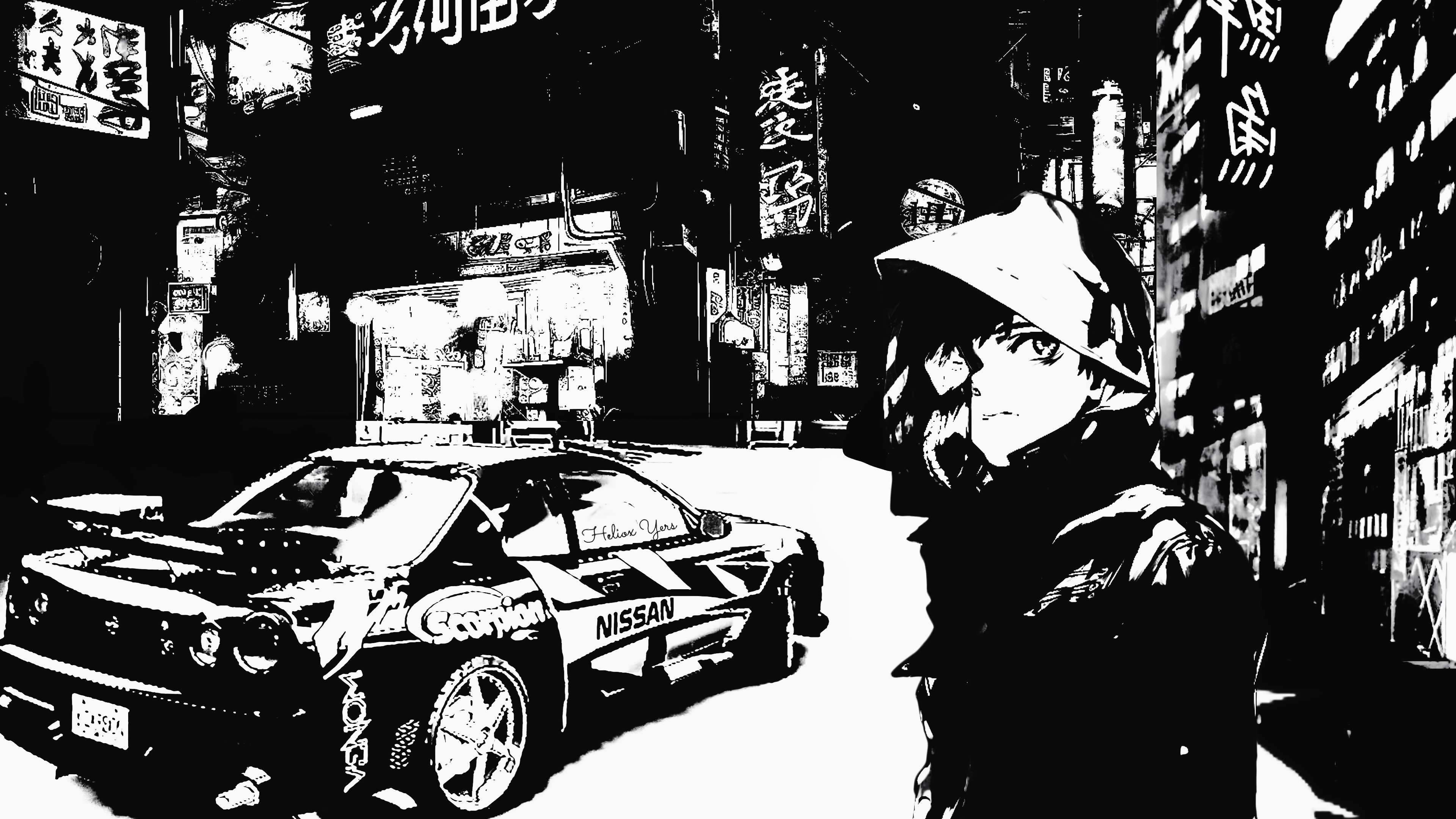 Anime 3840x2160 Tokyo Ghoul car Kaneki Ken Nissan Skyline anime boys closed mouth monochrome vehicle frown Tokyo Nissan hoods looking away