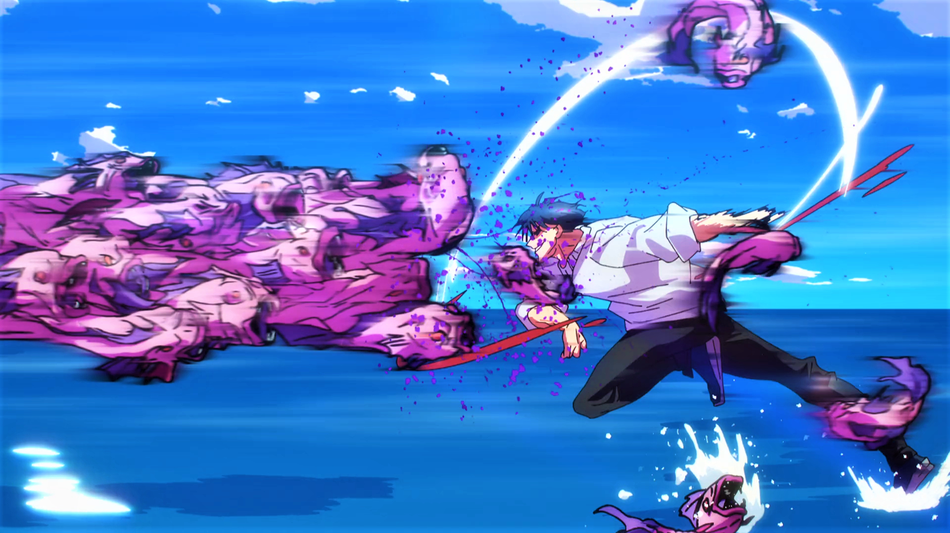 Anime 1920x1078 Jujutsu Kaisen Fushiguro Toji fish piranhas water running fighting Nunchucks sky clouds sweater anime anime screenshot anime boys smiling