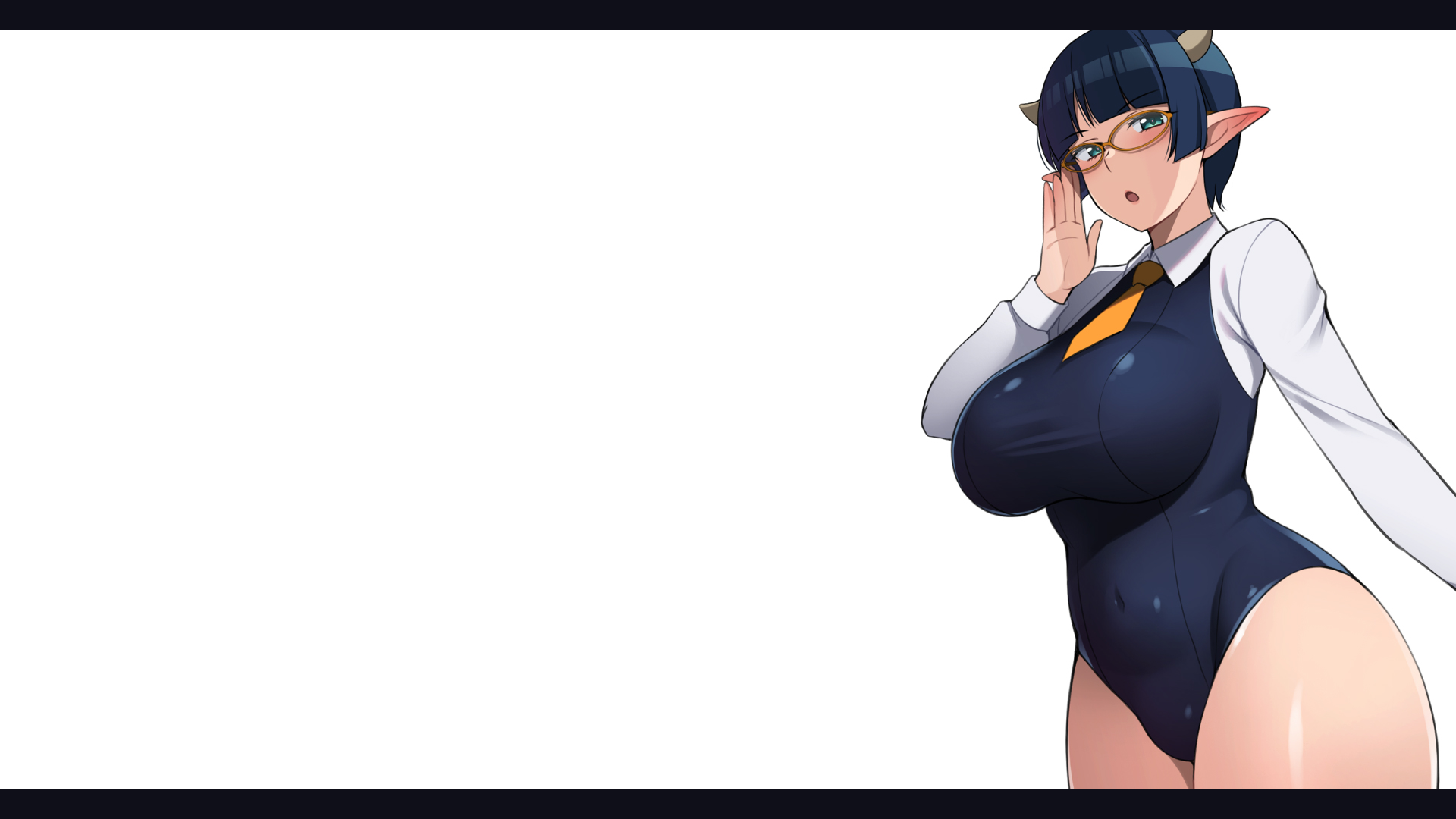 Anime 1920x1080 bangs white background simple background glasses touching glasses black hair one-piece swimsuit leotard blue leotard tie white shirt long sleeves blue eyes pointy ears green eyes boobs big boobs huge breasts belly button tight clothing latex open mouth shirt blue swimsuit thick thigh thighs molded mound of Venus collar thighs together blunt bangs short hair school swimsuits swimwear looking at viewer anime anime girls