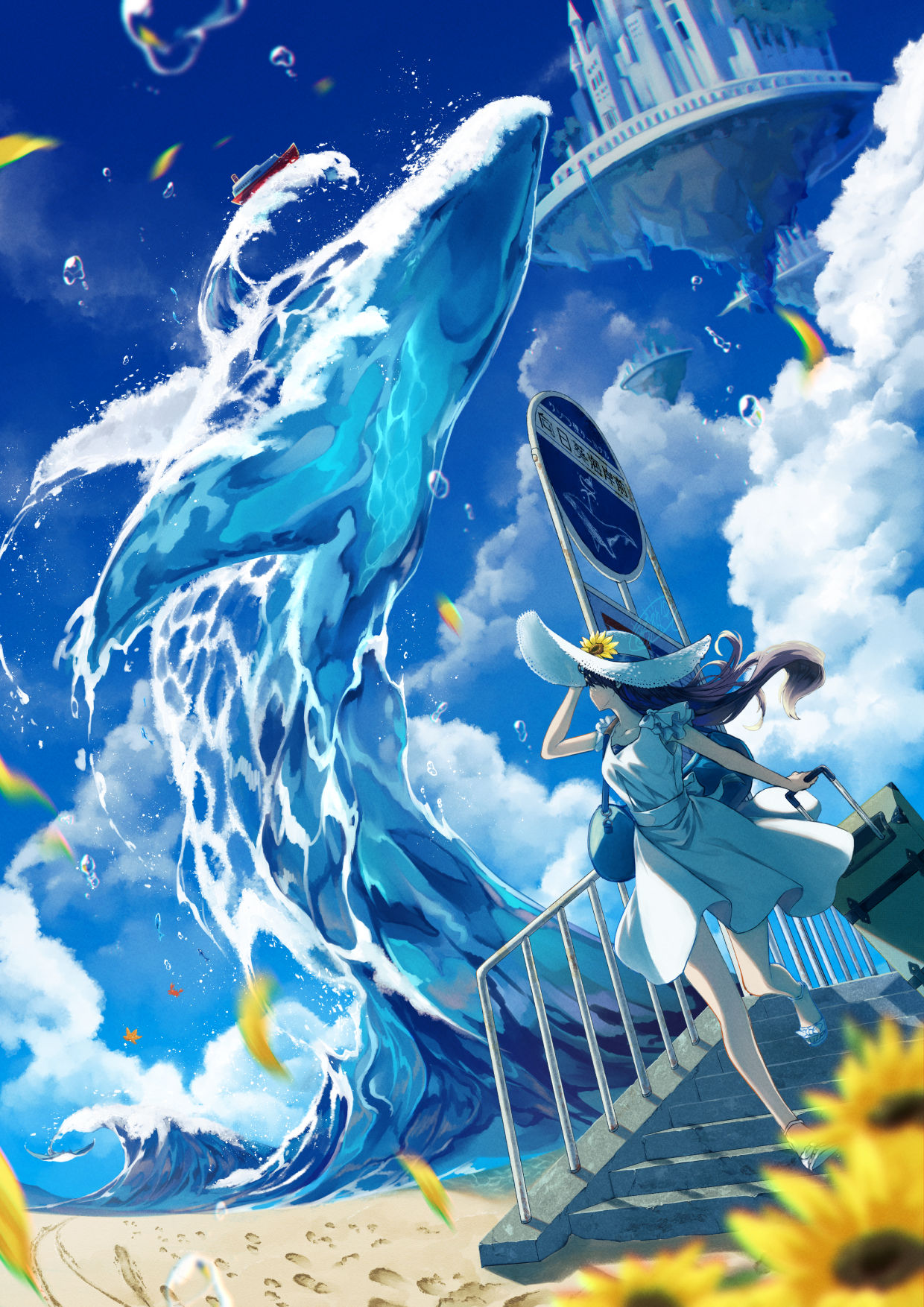 Anime 1240x1754 anime anime girls Pixiv portrait display sun hats whale water sky animals stairs sunflowers leaves water drops sand looking away walking floating